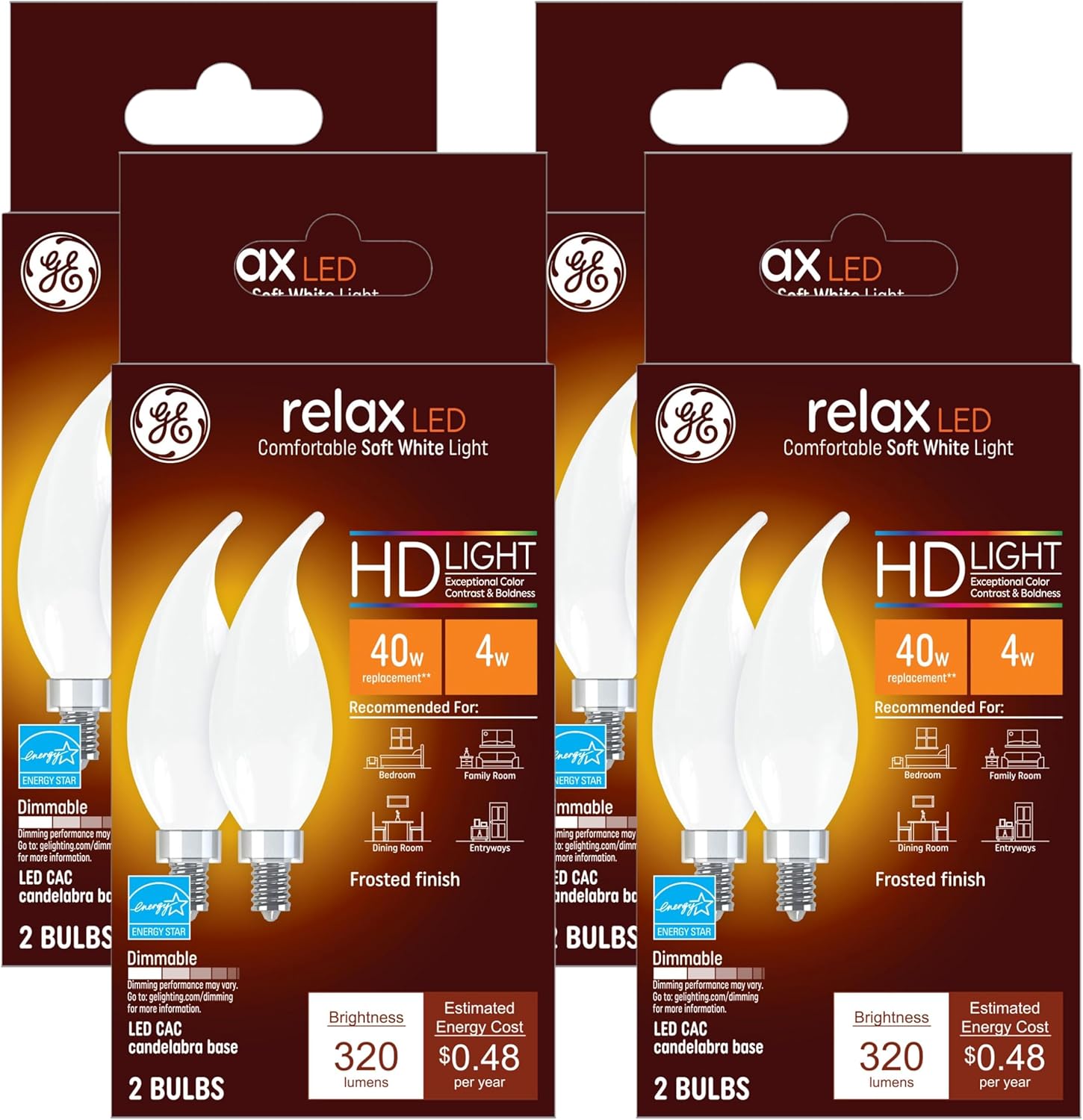 GE Relax LED Light Bulbs, 40 Watt, Soft White, Decorative Bulbs, Frosted, Small Base (8 Pack)