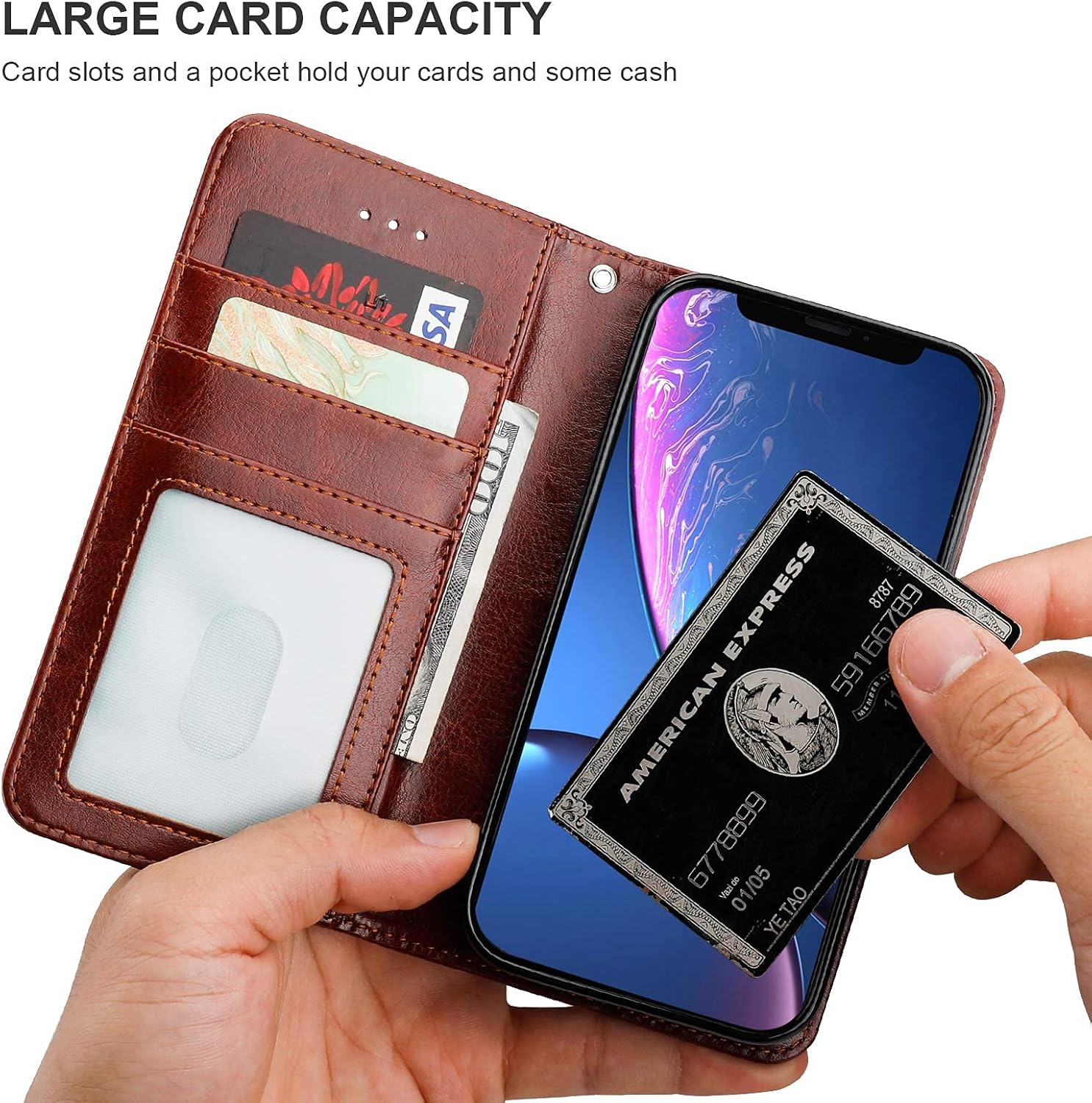 Bocasal for iPhone Xr Wallet Case with Card Holder PU Leather Magnetic Detachable Kickstand Shockproof Wrist Strap Removable Flip Cover for iPhone Xr 6.1 inch (Brown) - Image 4