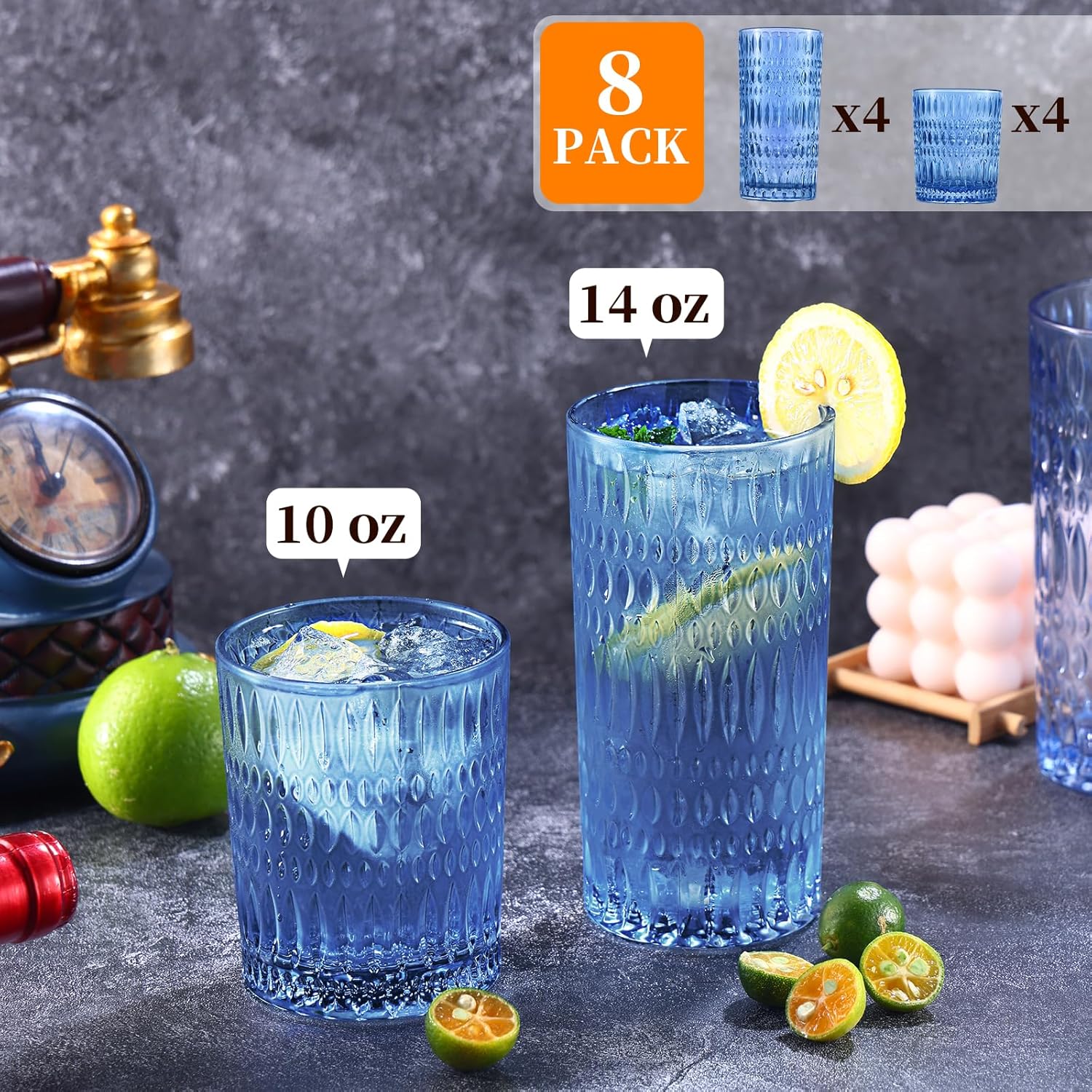 Glassware Drinking Glasses Set of 8, 14 oz Highball Glasses & 10 oz Ribbed Glass Cups, Vintage Glassware for Water, Juice, Cocktail, Whiskey (Blue) - Image 2
