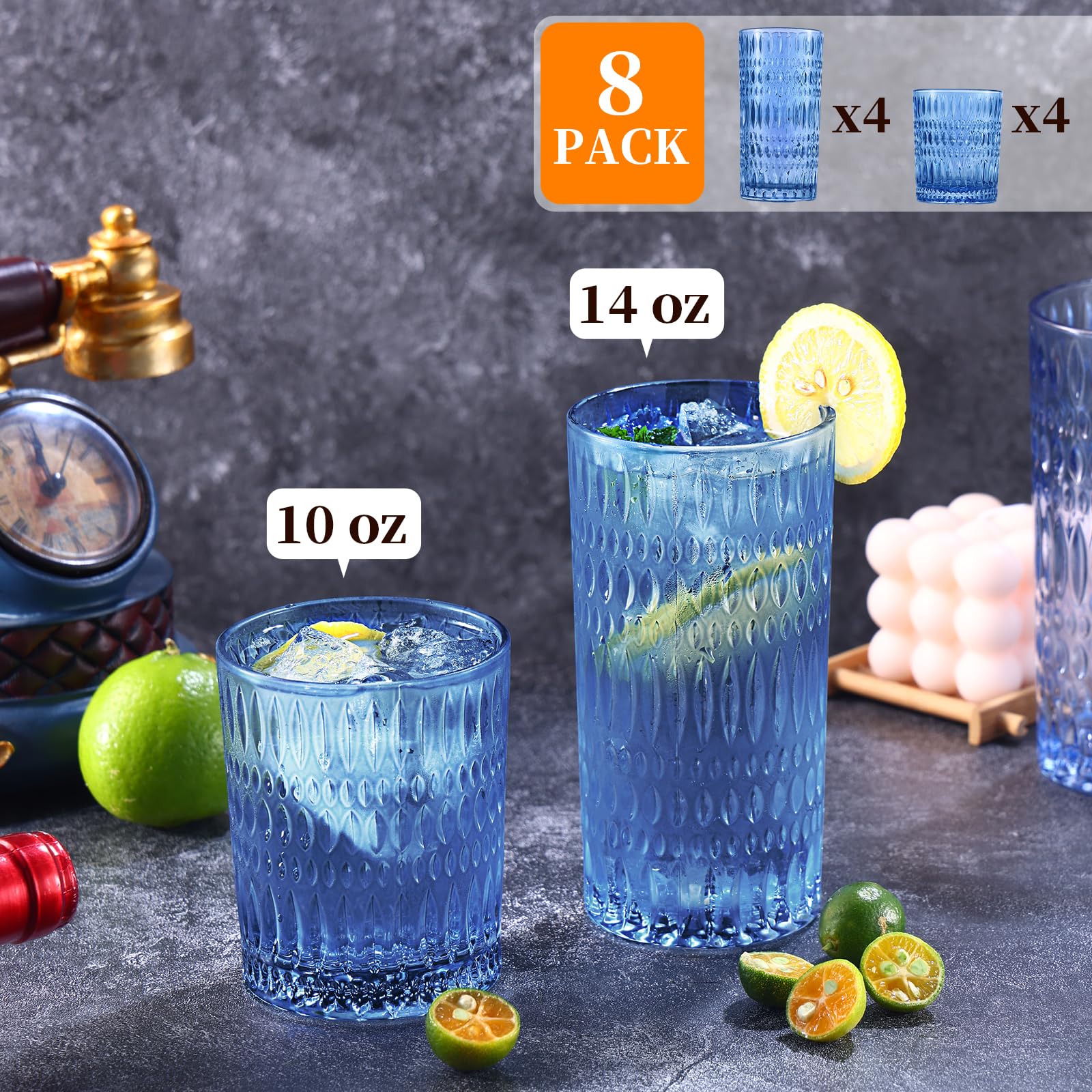 Glassware Trinkgläser Set mit 8 Highball-Gläsern und 284 ml gerippten Glasbechern, Vintage-Glaswaren für Wasser, Saft, Cocktail (Weihnachtsrot)