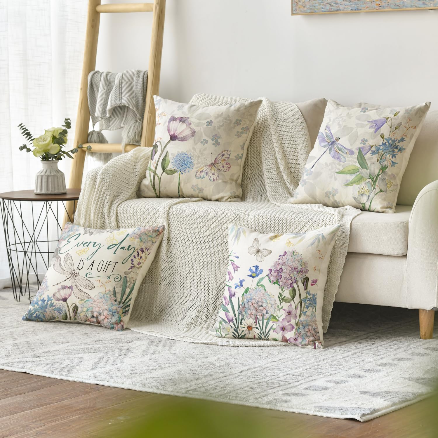 AVOIN colorlife Every Day is A Gift Hydrangea Throw Pillow Covers, 18 x 18 Inch Spring Summer Floral Butterfly Dragonfly Decoration Cushion Case for Home Sofa Couch Set of 4 - Image 3
