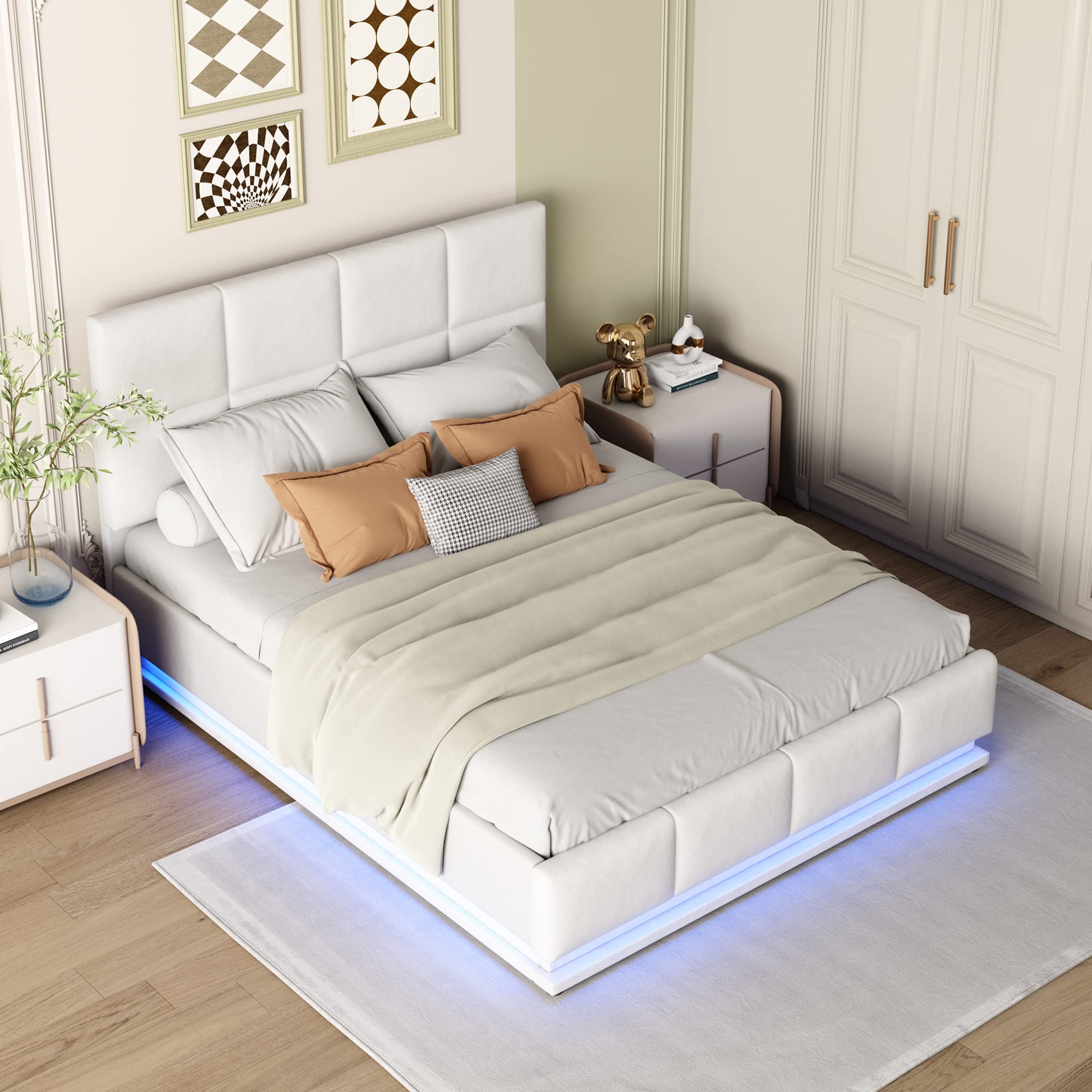 Letto Imbottito 140x200 Rivestimento in Similpelle Idrorepellente Letto Contenitore Fornito senza Materasso Giroletto Meccanismo Idraulico sotto la Rete Camera Bianco