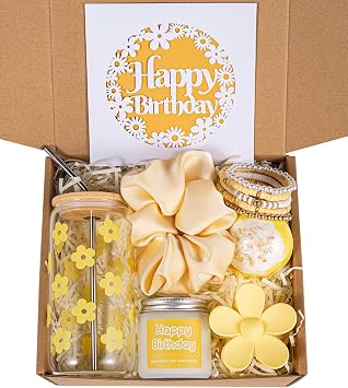 JTEWB Birthday Gifts For Women, Teen Girl, Her, Happy Birthday Gift Box For Girl, Women, Sister, Daughter, Friends, Cute Daisy Aesthetic Glass Cups Gift Set 7pcs Yellow