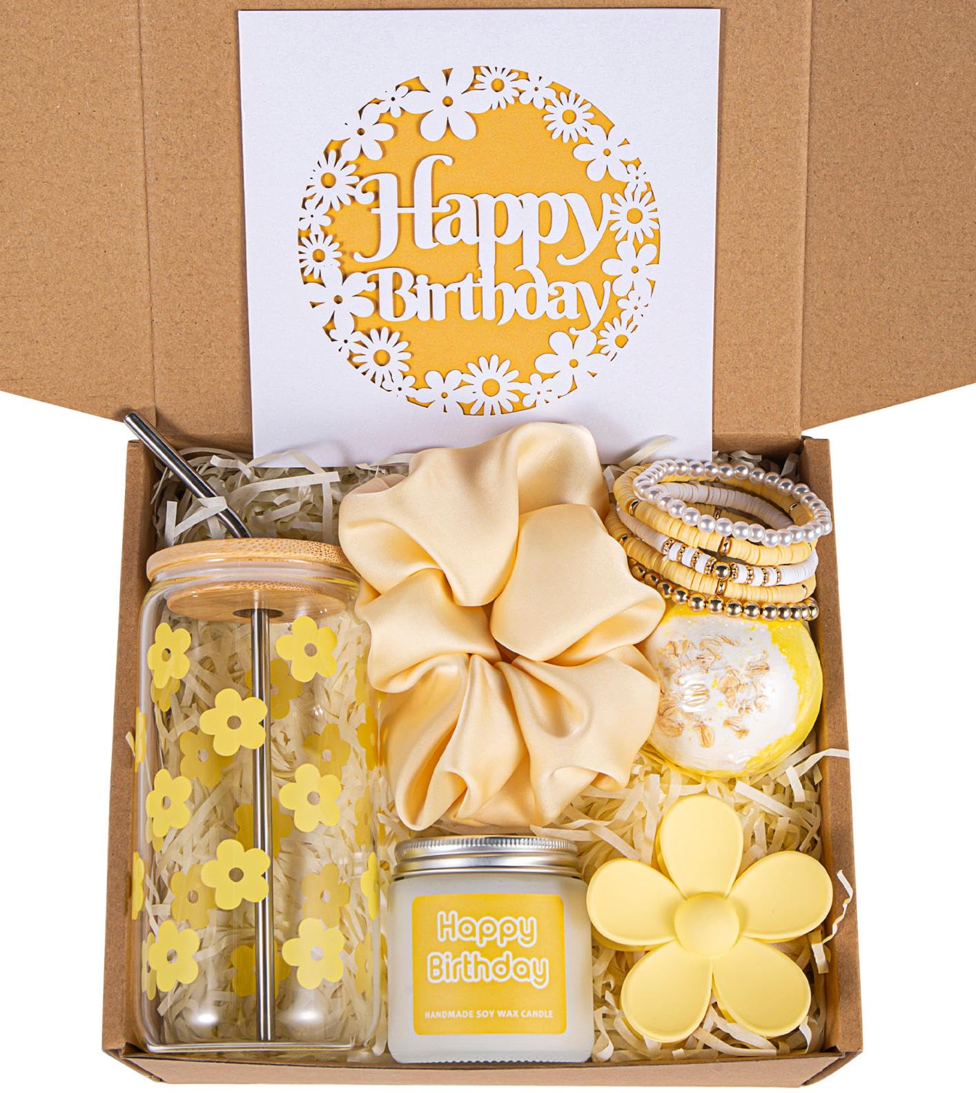 JTEWB Birthday Gifts For Women, Teen Girl, Her, Happy Birthday Gift Box For Girl, Women, Sister, Daughter, Friends, Cute Daisy Aesthetic Glass Cups Gift Set 7pcs (Yellow)