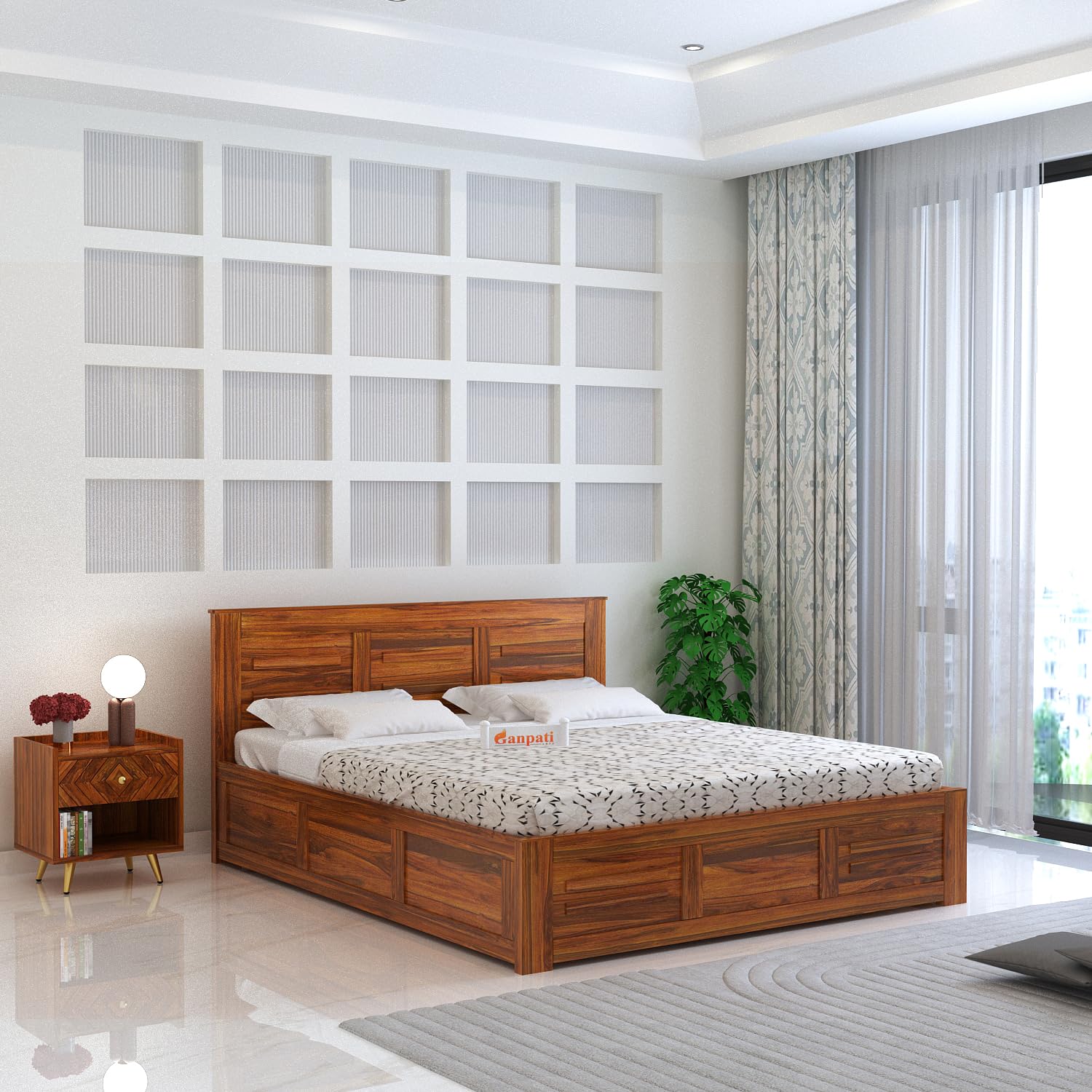 Ganpati Arts Sheesham Wood Swiss Queen Size Bed with Box Storage