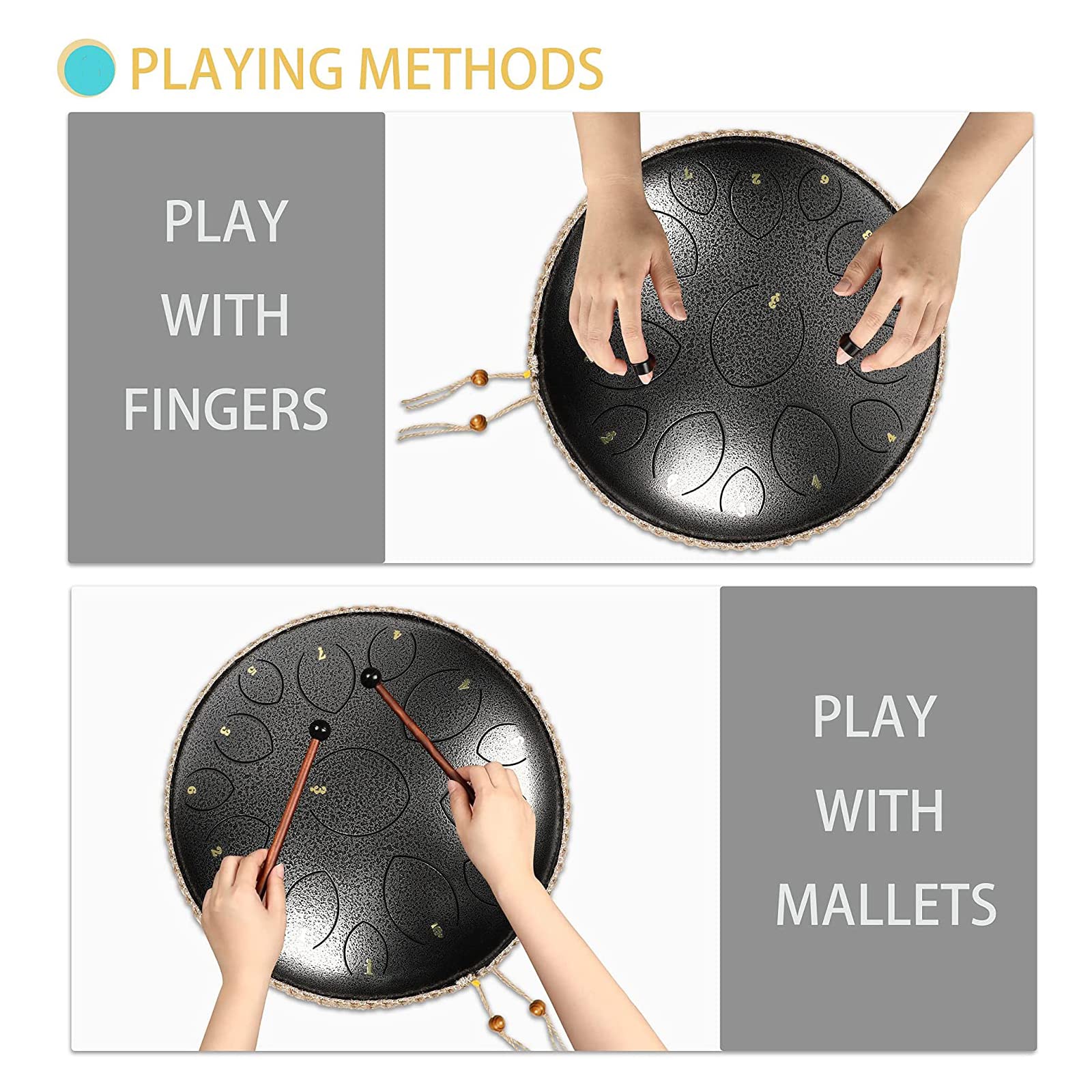 Tamburo per lingua in acciaio, 15 note, 35,5 cm, set di strumenti a percussione per meditazione con borsa per il trasporto, libro di musica, mazzuole, bacchette e plettri per dita per principianti