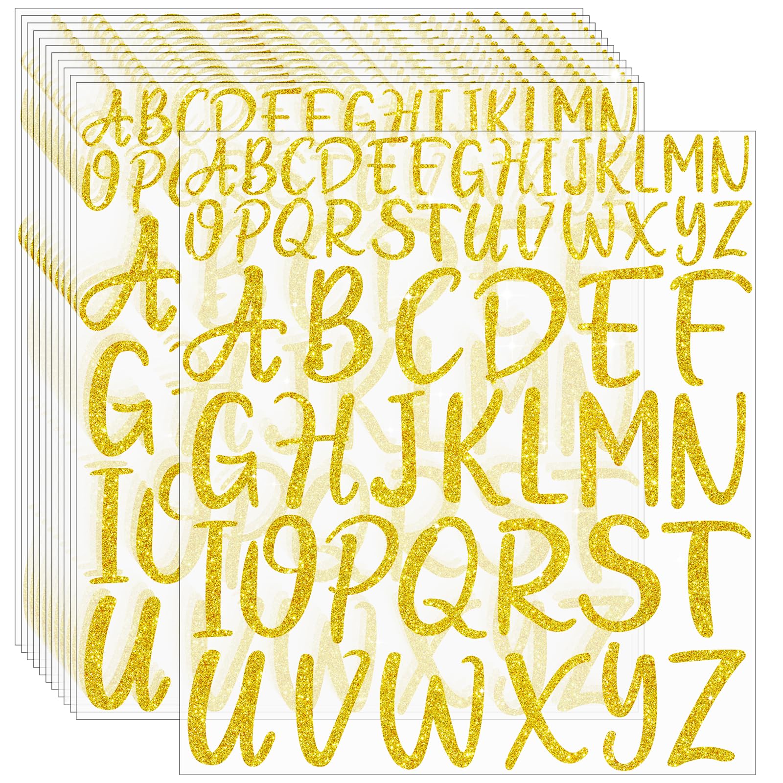 Gold Letter Stickers 624Pcs Alphabet Vinyl 1 and 2 Inch Glitter Self Adhesive Waterproof for Water Bottles Scrapbooking Crafts Door Sign (12 Sheets)
