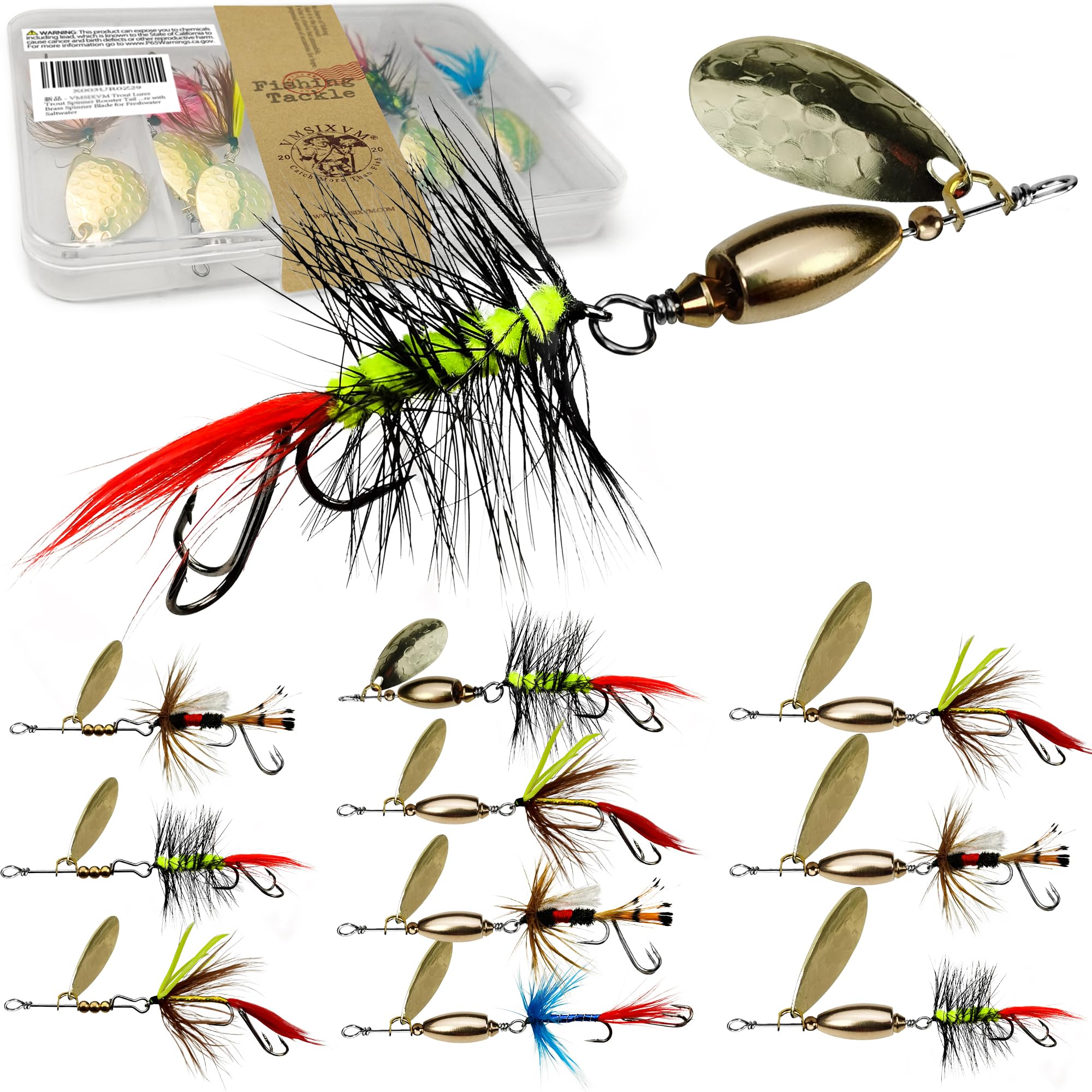 Trout Lures Rooster Bait Tail Fishing Spinnerbaits, Brass Hard Metal Spinner Baits Trout Fishing Lures for Bass Salmon Pike Freshwater Saltwater Lake River
