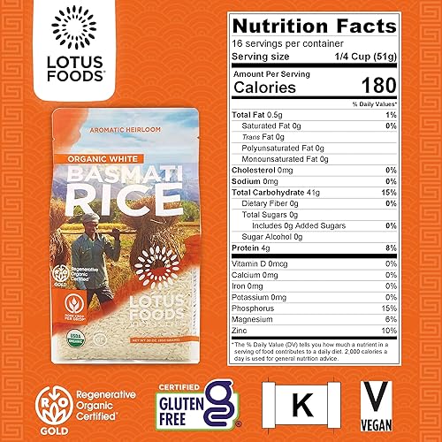 Miniatura 2 de Lotus Foods Regenerative - Arroz basmati blanco orgánico  Arroz blanco de grano largo sin gluten, vegano, sin OMG, uso para curry, salteados, pudín