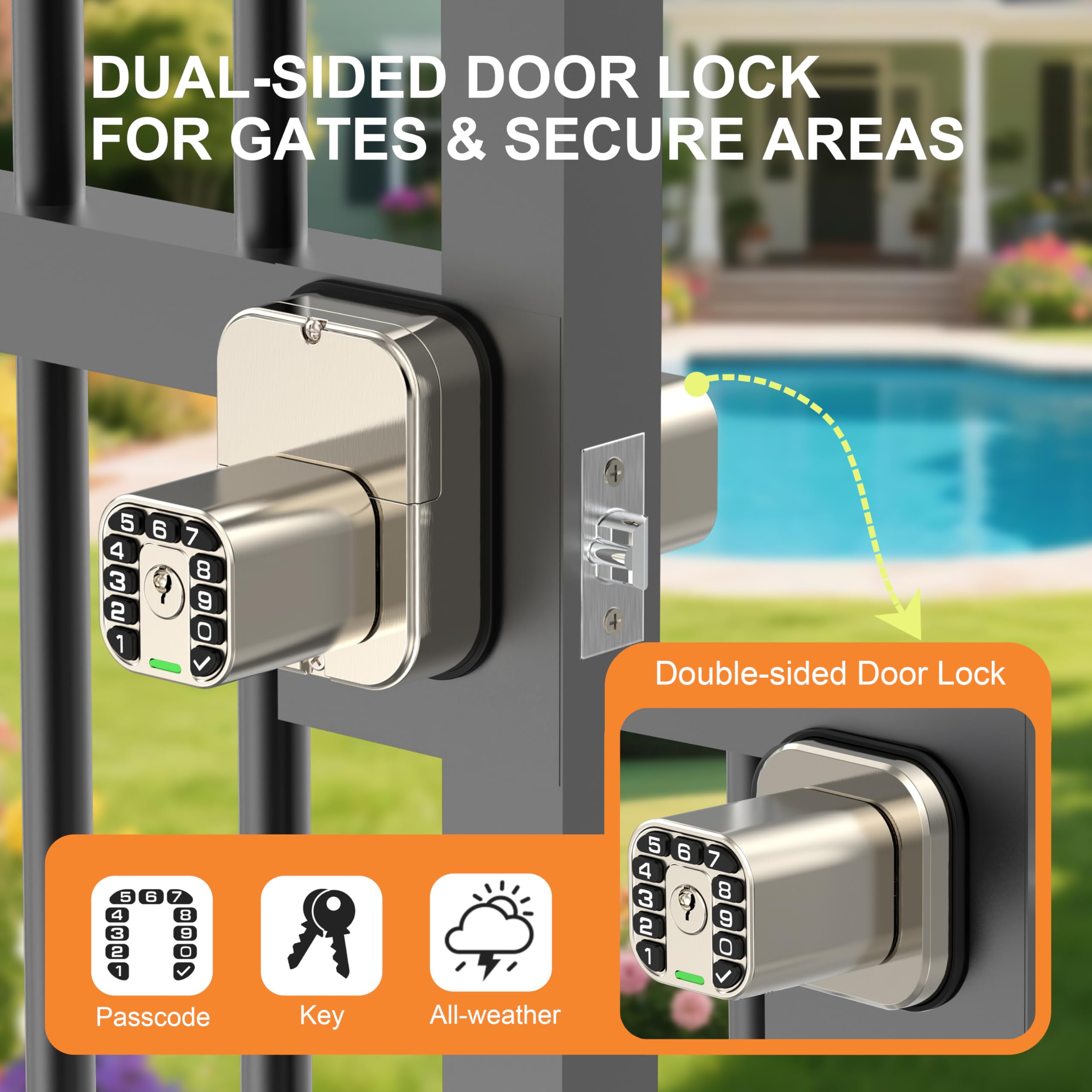 Richelock IU52 - Cerradura de puerta con teclado de doble cara, para todo tipo de clima, totalmente impermeable, entrada sin llave con códigos programables de doble cara, misma llave en ambos lados