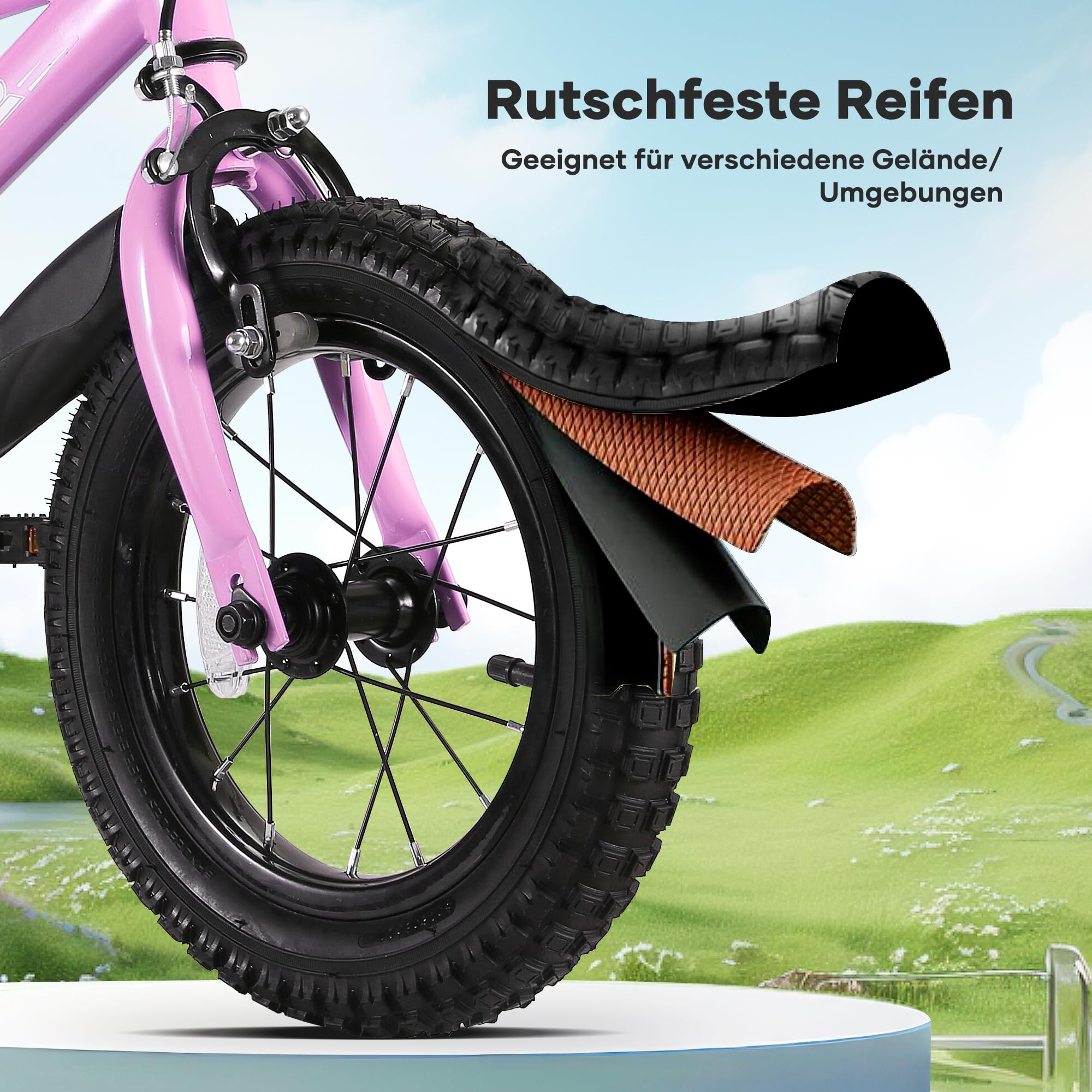 BODIOO Vélo enfant 14 pouces, vélo pour garçon et fille avec roues stabilisatrices, cadre stable, siège réglable, frein arrière et frein à main, adapté pour les cyclistes de 94 à 107 cm (dégradé