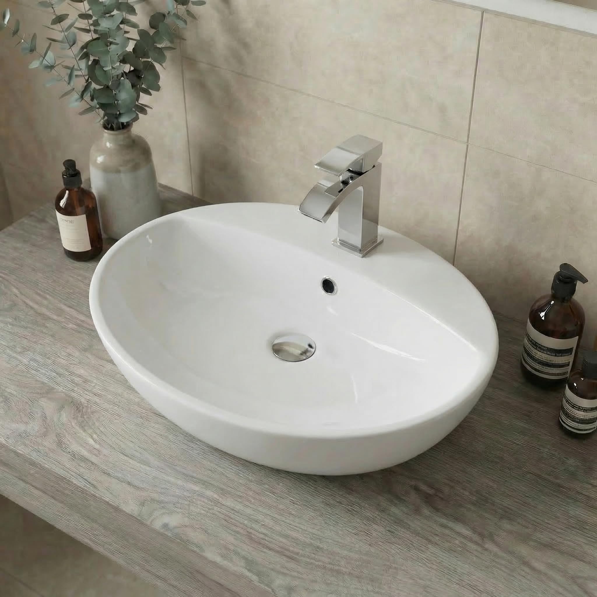 Baystone White Gloss Baystone® Countertop Basin For Bathroom And Cloakroom Hand Wash Basins Sink One Tap Hole Modern Oval, 550 X 420Mm