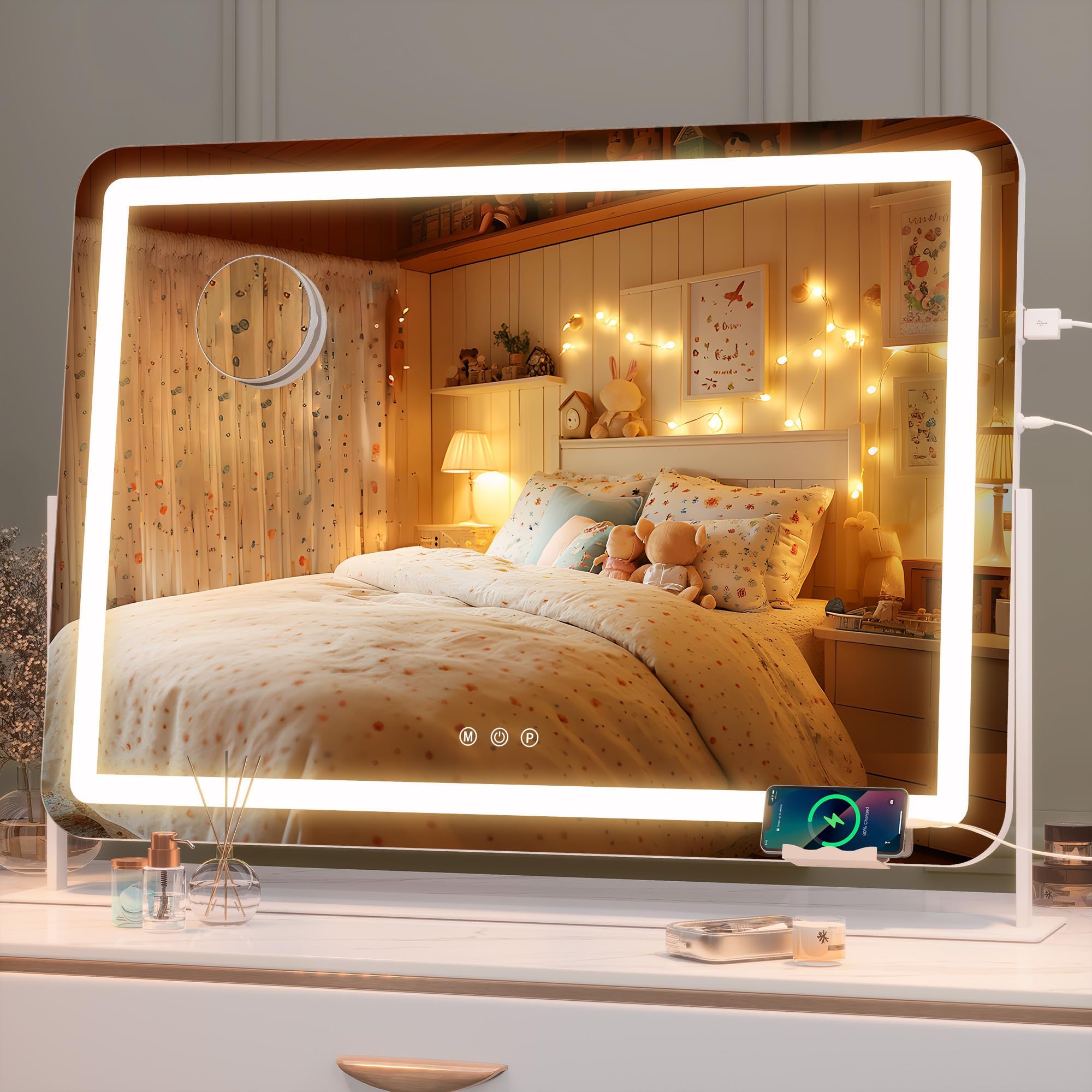 Hasipu Vanity Mirror with Lights, 27.6" x 19.7" LED Makeup Mirror, Light up Mirror with 10X Magnification, USB Charging Port, Smart Touch 3 Colors Dimmable (White)