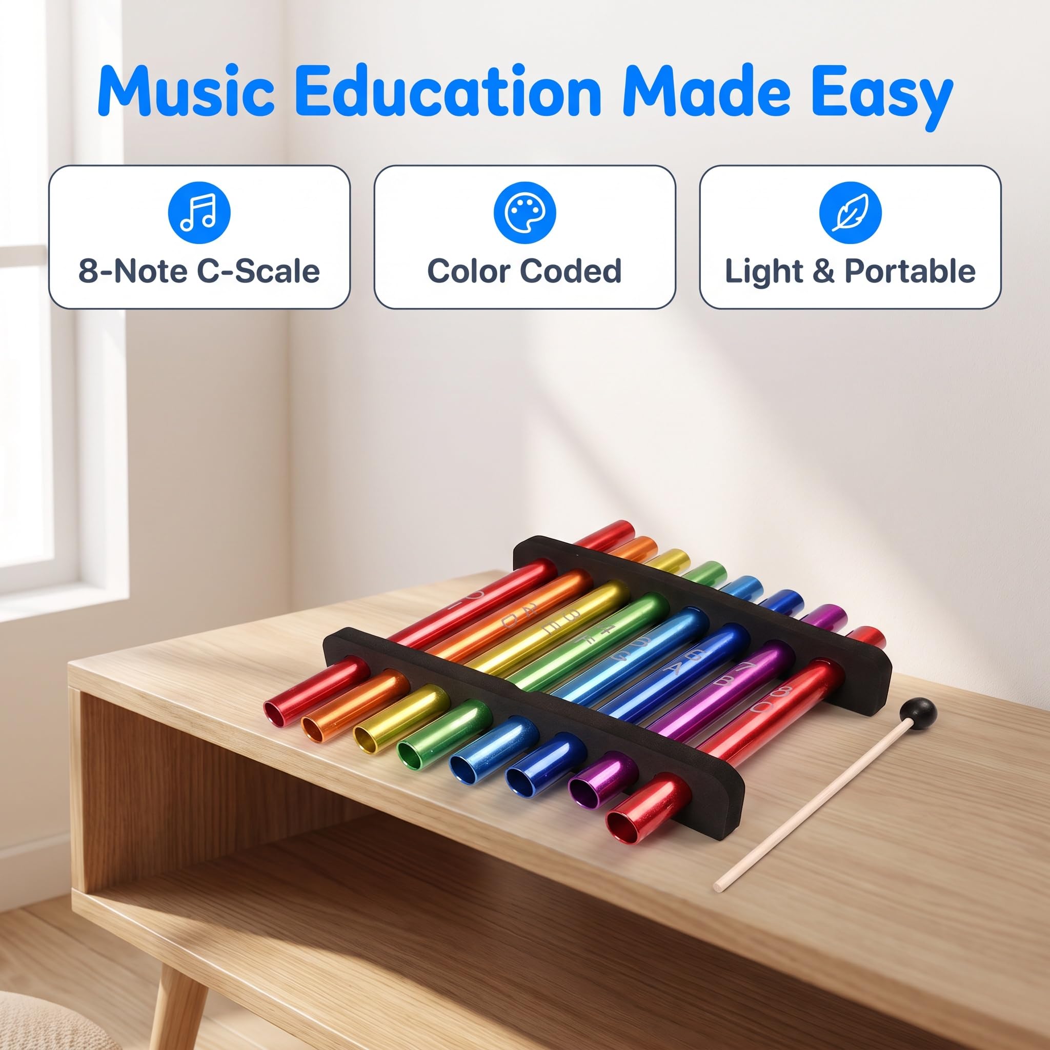 8 uwag kolorowa rura ksylofon metalowy ręczny instrument perkusyjny z młotkiem, Piankowa rama wspornika, duża skala, do nauczania muzyki, uzdrawiania dźwiękiem