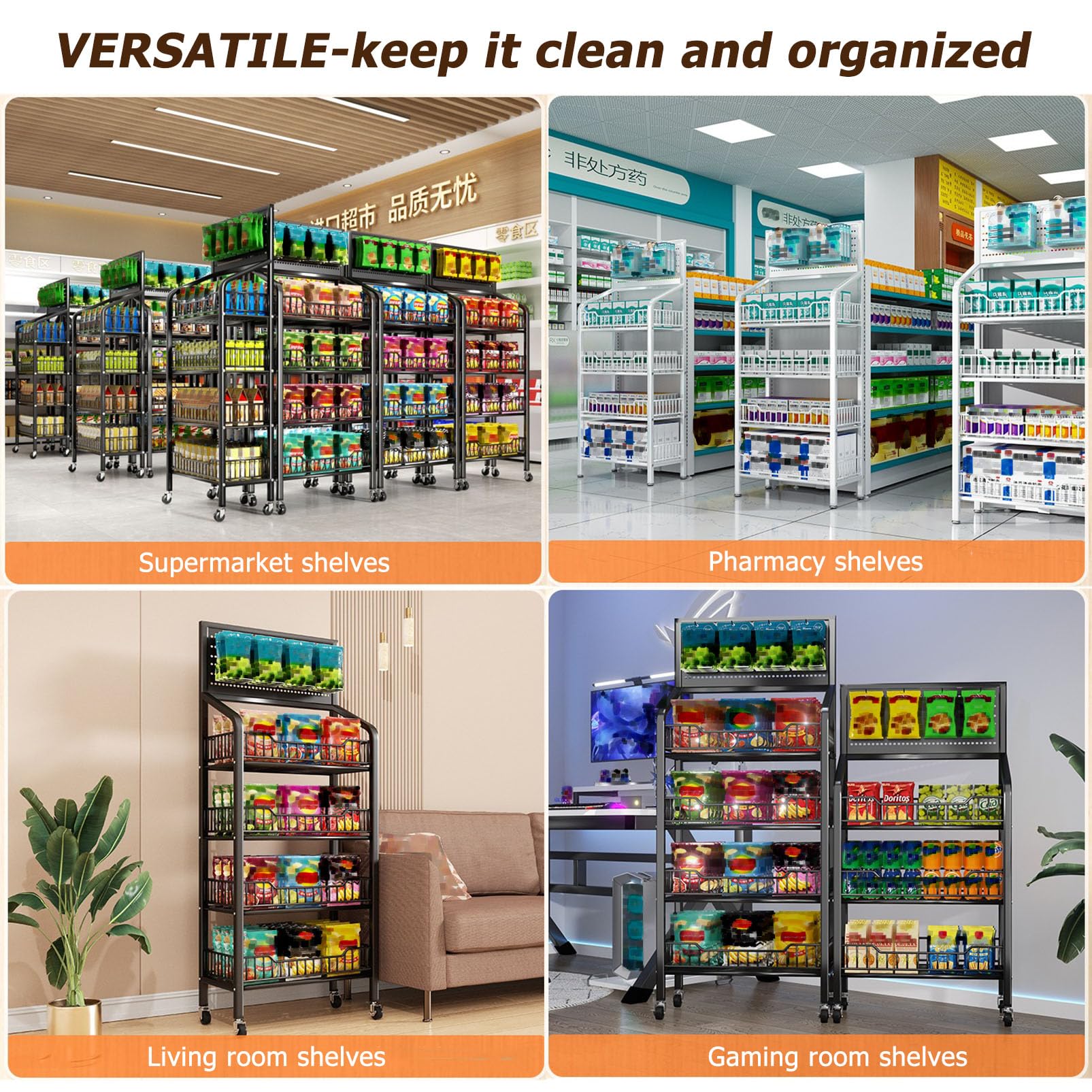 Metall-Snack-Regal mit Rollen, Snack-Organizer für Kartoffelchips und Obst, ideal für Haushaltsgeschäfte und Küche