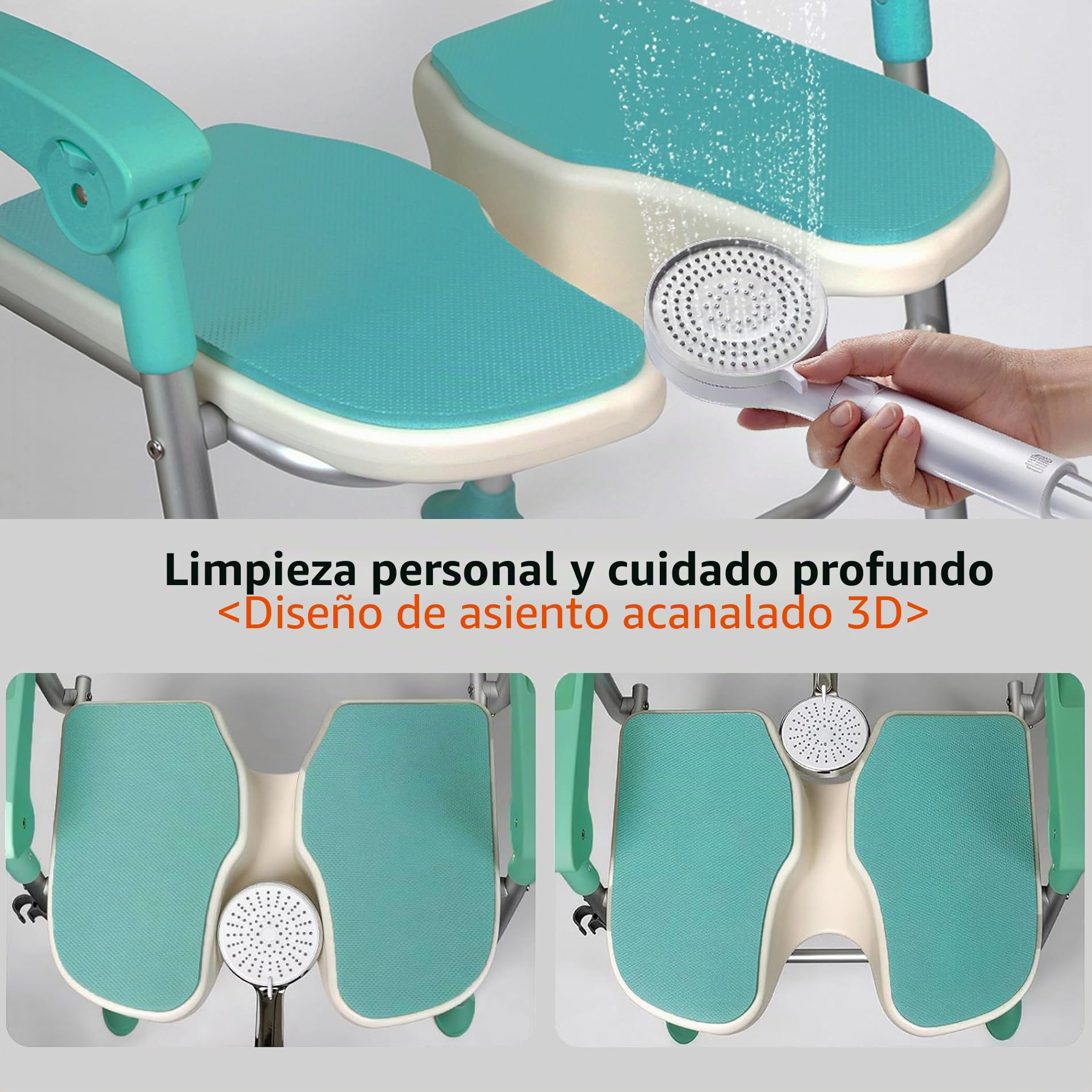 Silla de Ducha Plegable para Personas Mayores, Discapacitados y Embarazadas | Asiento 3D para Higiene Íntima | Antideslizante | Altura Ajustable | Respaldo y Reposabrazos, Capacidad 150 kg