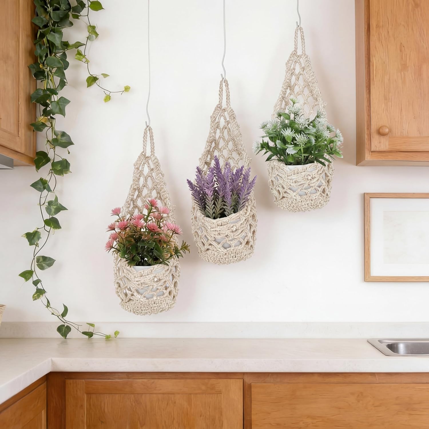 10 Pack Macrame Wall Plant Hanger with Artificial Pot Flower - Boho Wall Hanging Planter for Indoor Plant Cotton Rope Holder with Mini Fake Pot Flower for Home Wedding Decor Gift(Beige White)