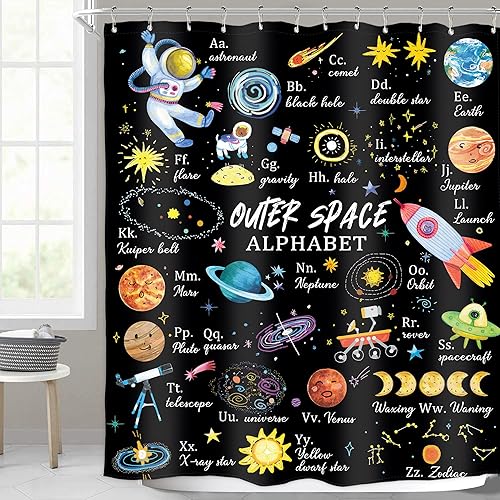 Homewelle Cortina de ducha con alfabeto del espacio exterior para niños, diseño de planeta, divertido universo de dibujos animados, herramientas de