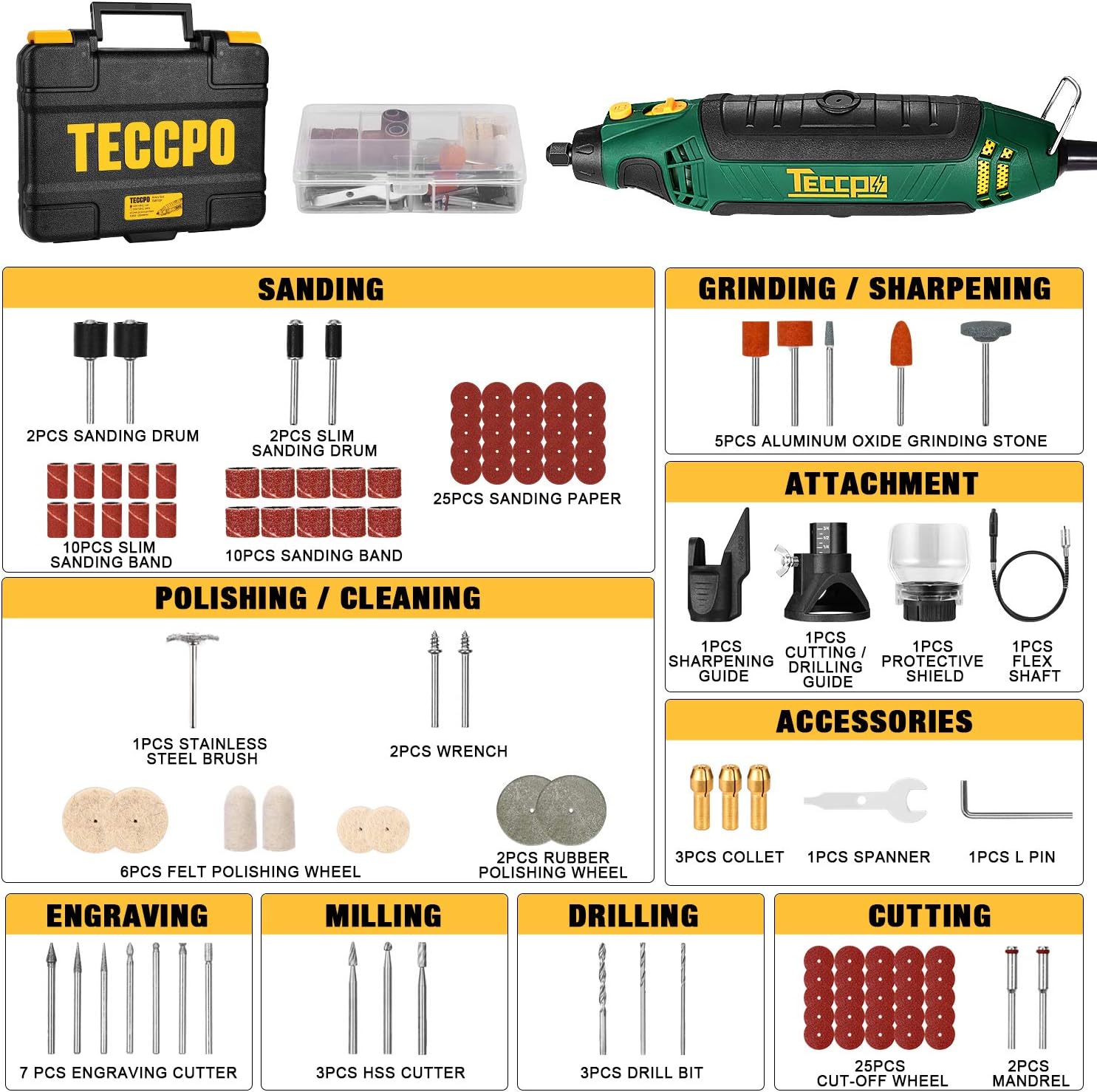 TECCPO Rotary Tool Kit, 110 Accessories, 4 Attachments, Carrying Case, 6 Variable Speed with Flex shaft, Protective Shield, Sharpening Guide, Cutting Guide, Ideal for Crafting Project and DIY