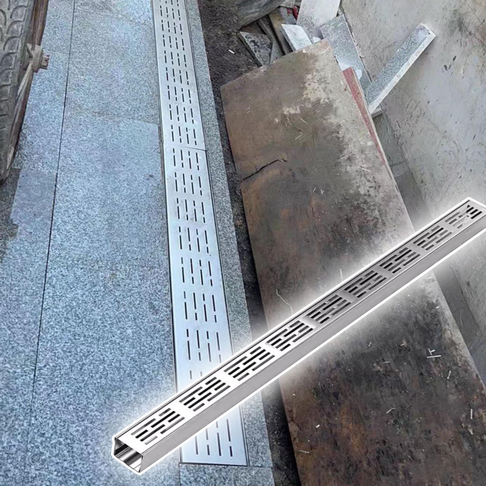Canaleta de Drenaje Rejilla de Drenaje de Canal de 6 Pulgadas de Ancho, Desviador de Agua de Cubierta de Drenaje Estrecha/Placa de Las Rejas de La Zanja del Piso, Kit de Drenaje de Canalón de Lluvia(