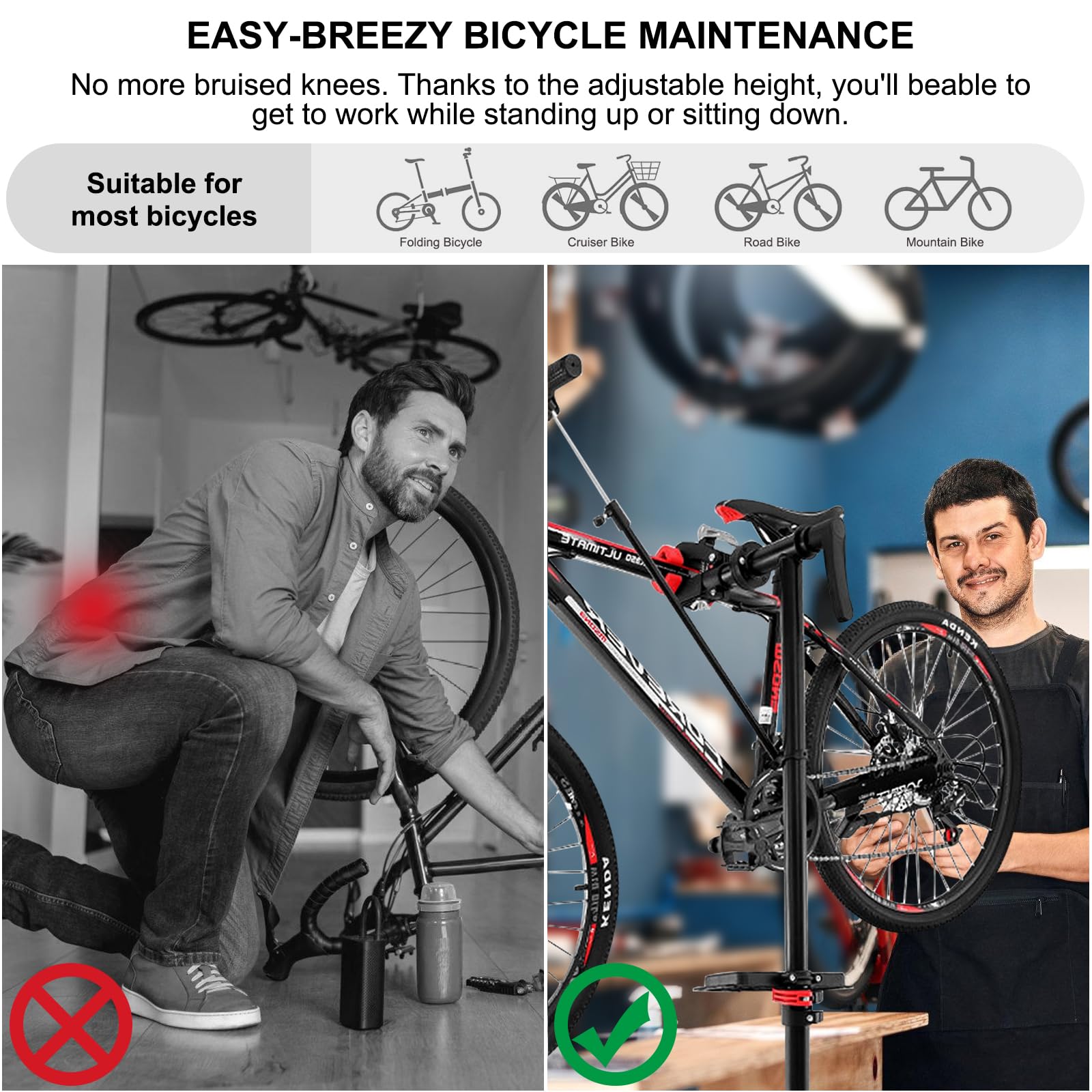 Soporte de reparación de bicicletas resistente con bandeja magnética para herramientas y guantes, estante plegable de mantenimiento de bicicletas de 50 kg con abrazadera giratoria de 360°