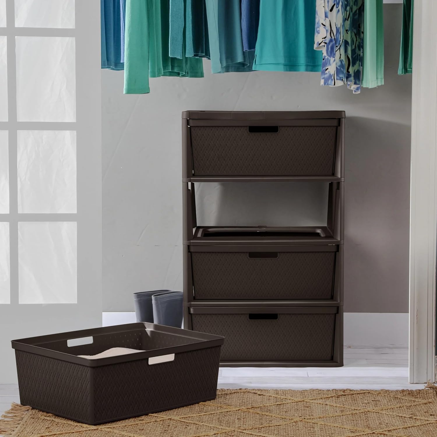 Wide 4 Drawer Organizer Tower, Decorative Cross-Weave Removable Plastic Drawers, Tool-Free Assembly, Multipurpose Storage, Brown