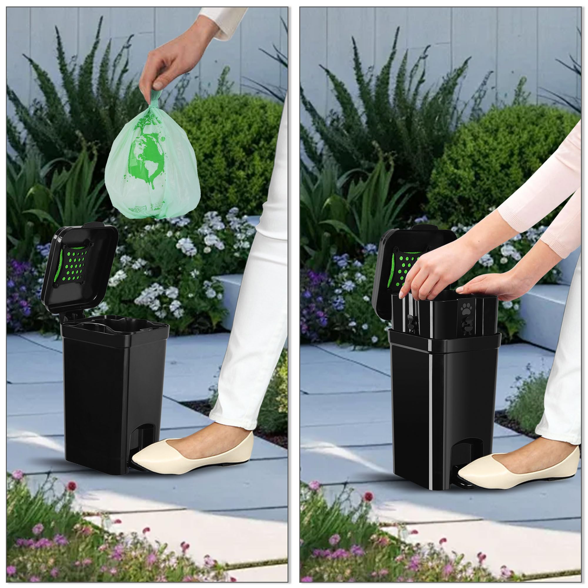 Poubelle à déjections canines et litière portable pour chat, matériau ABS entièrement noir, poubelle de 8 litres avec 20 sacs à déchets. ABS-BK