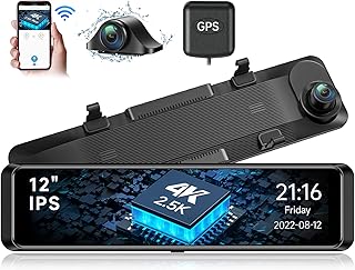 Rear View Mirror Camera 12", WiFi Mirror Dash Cam Front and Rear 4K+2.5K for Car with GPS, Waterproof Mirror Backup Camera, WDR, Voice Control, Parking Assist, Enhanced Night Vision, G-Sensor
