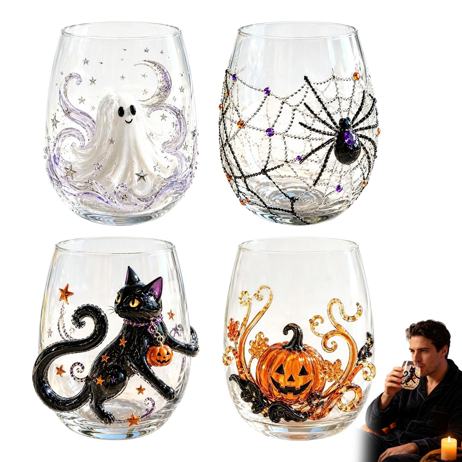 Halloween-2D-Glaswaren-Kollektion, Stiellose Trinkgläser mit erhöhtem Kürbis-Geist, schwarzes Katzennetz-Design, gruselige, transparente Becher für Cocktails, Saft, Eiskaffee, Party-Geschenk