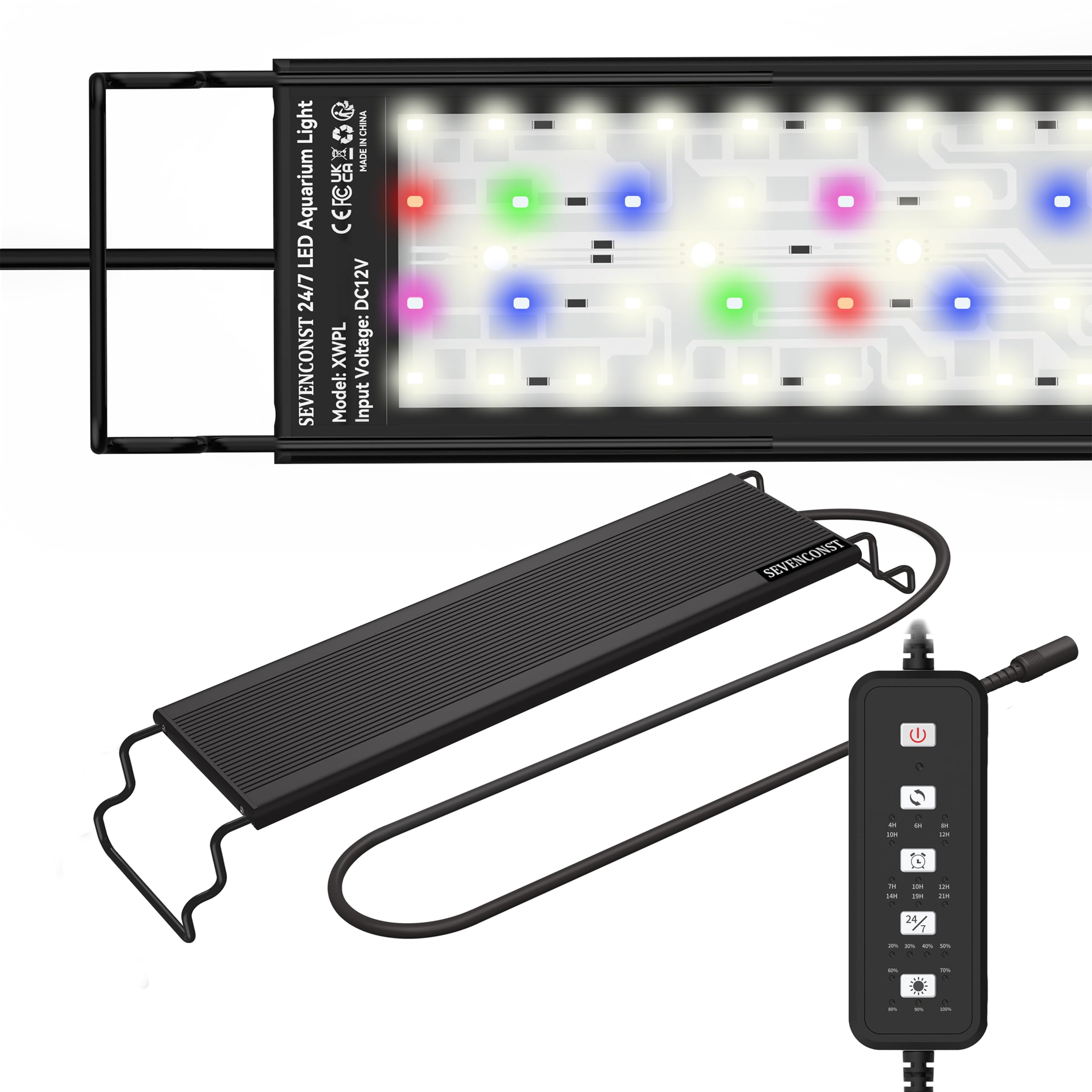 SEVENCONST 24/7 Mode LED Aquarium Light for 18-24 Inch Plant & Fish Tank, IP68 Full Spectrum Light, Sunrise-Daylight-Moonlight, White Red Green Blue Pink LEDs with Extendable Brackets for Freshwater