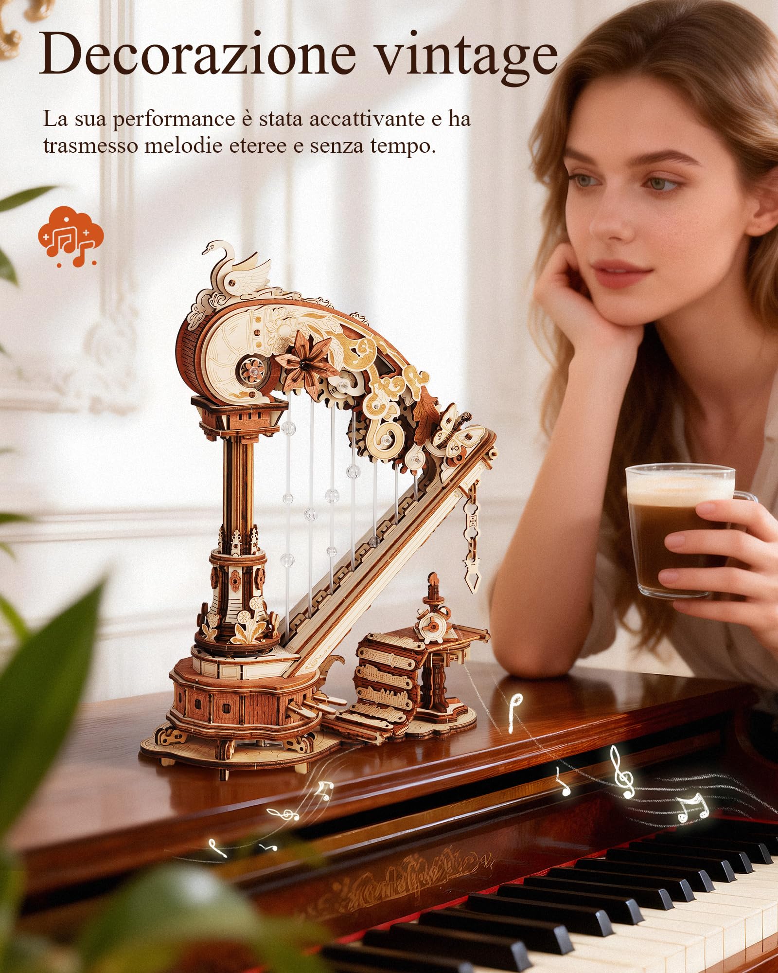 ROKR Puzzle 3D in Legno Arpa Modellismo da Costruire Adulti,Meccanico Musica Scatola,Regalo di Compleanno
