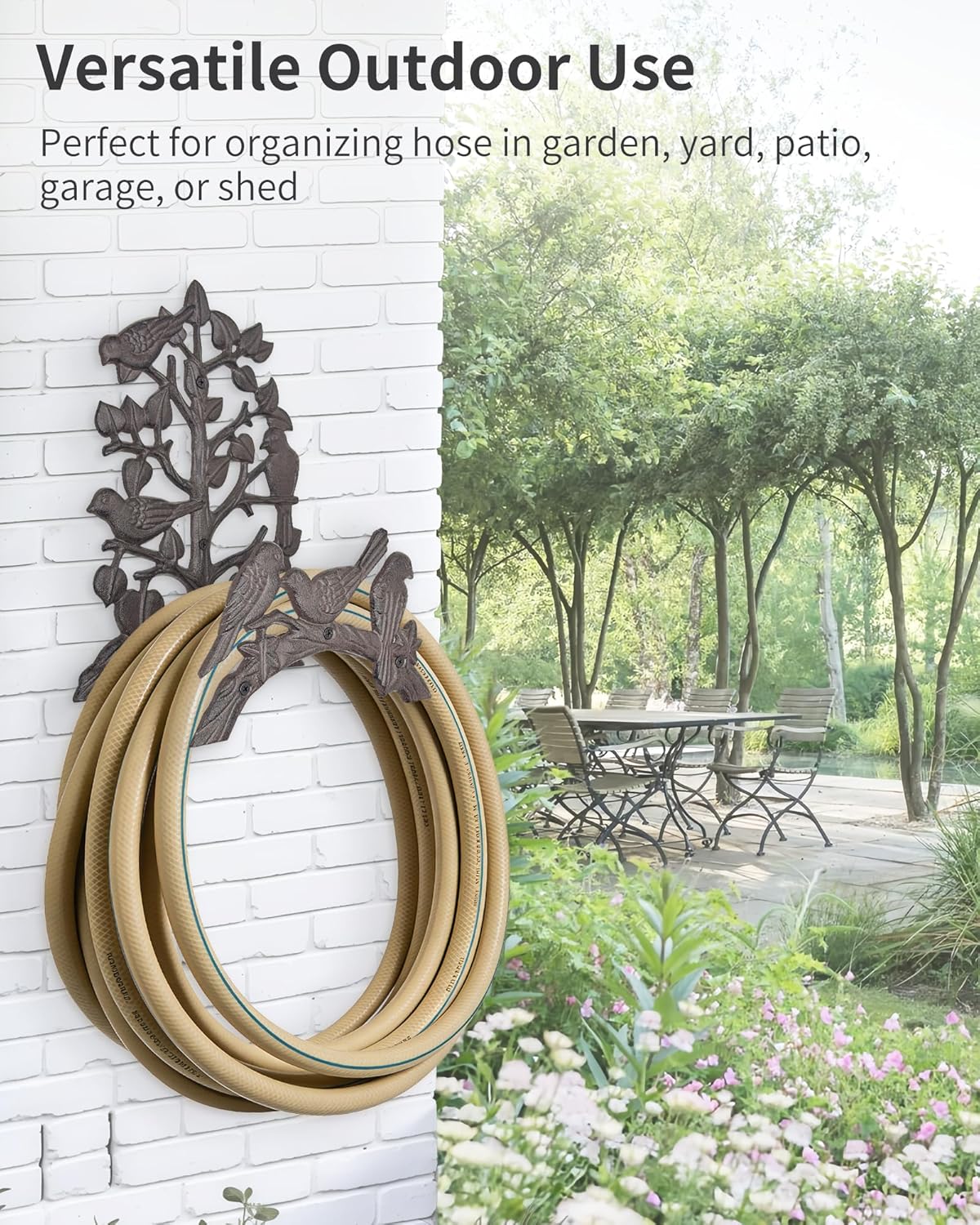 Cast Iron Garden Hose Holder Wall Mount, Rustic Heavy Duty Water Hose Hanger Storage Rack, Decorative Vintage Hose Reel Organizer for Outside Garden Yard Patio, Birds on Branch Design