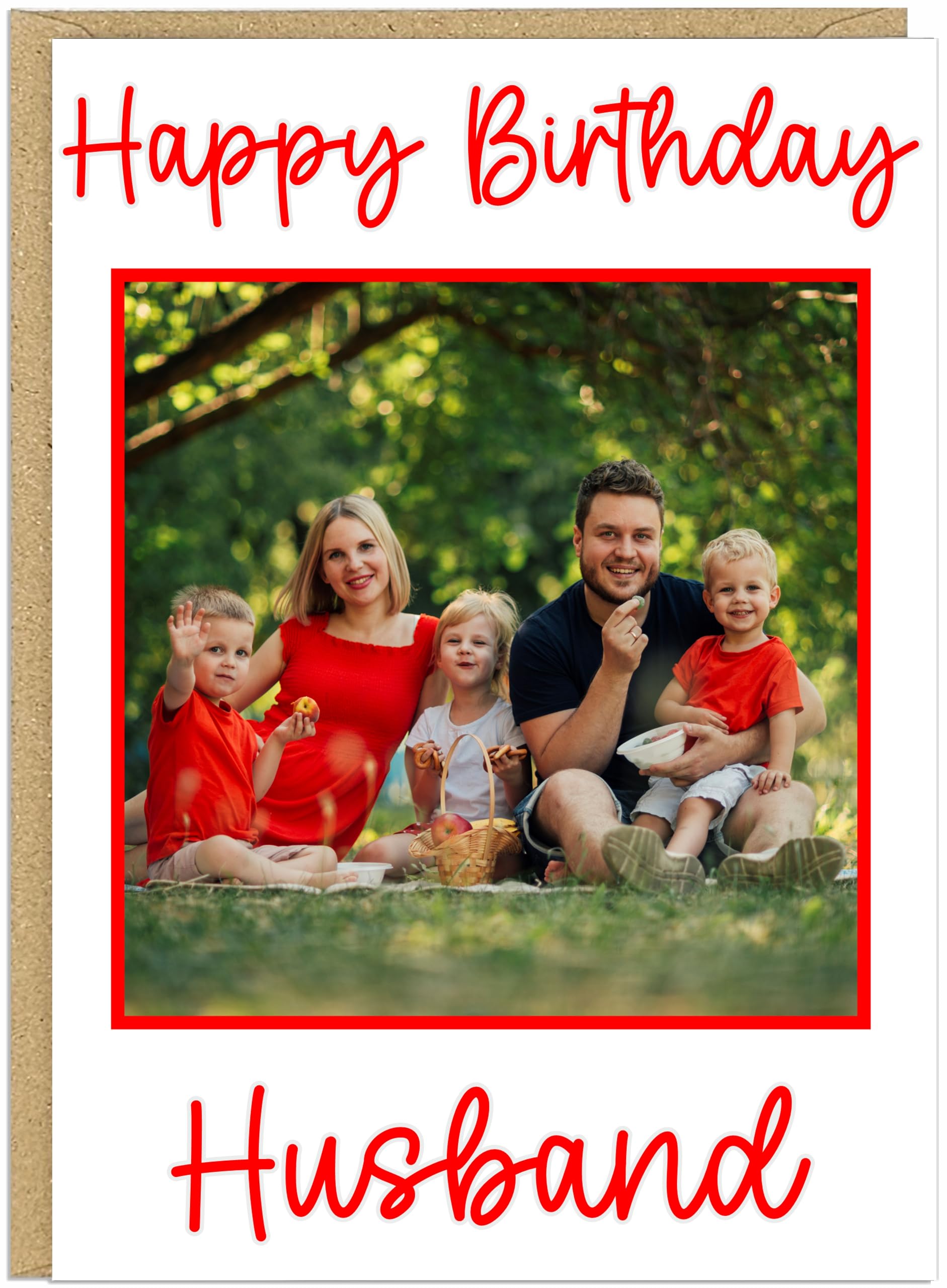Custom Own Photo & Own Name Personalised Happy Birthday Card - Uncle Daddy Husband Grandad Son Designs - 7 Text Colour Options Brown Dark Grey Green Red Black Blue (Red)