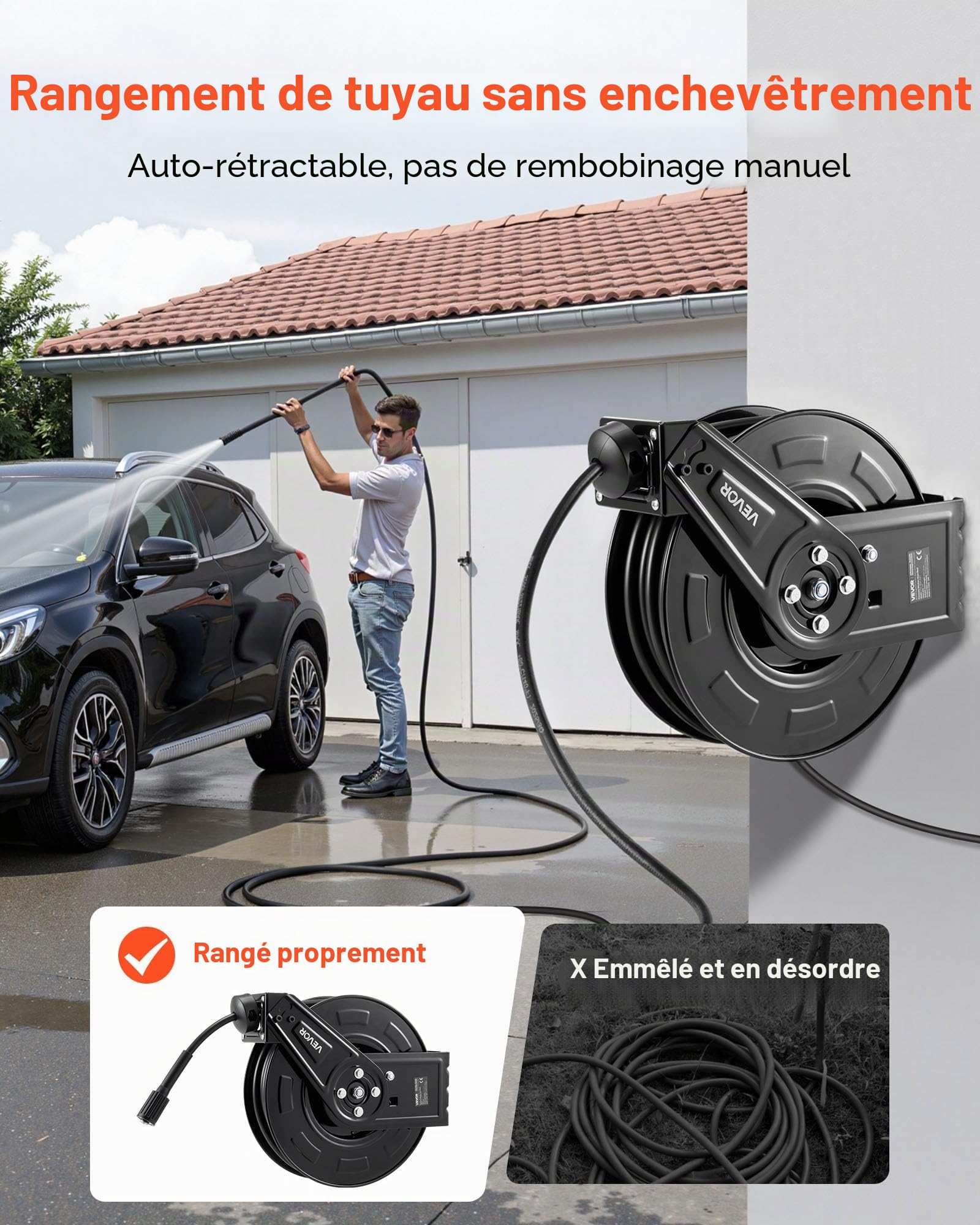 VEVOR Enrouleur de Tuyau pour Nettoyeur Haute Pression 18,3 m x 6,4 mm, Dévidoir Rétractable Acier, Montage sur Mur, Sol, Pression 275,8 bar, Enroulement Automatique pour Lavage Voiture, Sol, Jardin