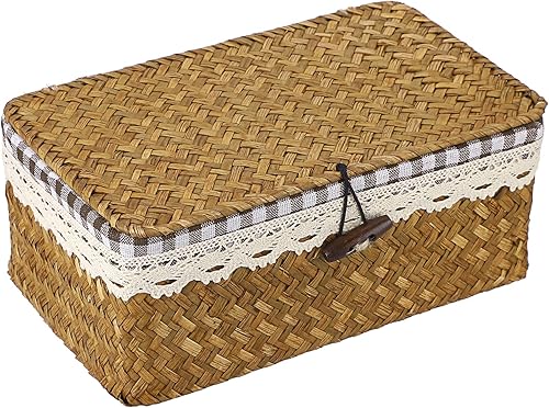 Hipiwe Cesta de mimbre con tapa cesta de almacenamiento tejida de hierba marina con forro para organización de estantes cesta decorativa tejida a