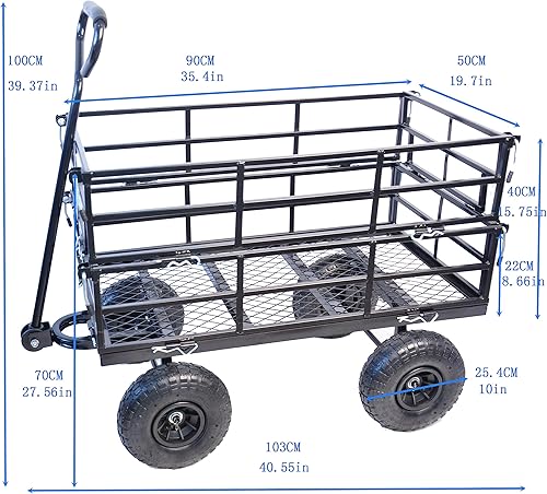 Miniatura 3 de Carrito de jardín de acero con lados extraíbles, carrito de patio resistente de 550 libras con mango giratorio de 180 y neumáticos de 10 pulgadas,