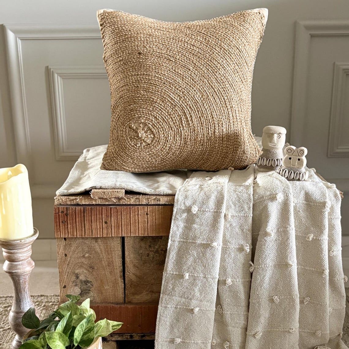 The HomeCentric Ecru Set di 2, 50x50 cm Lino Di Cotone Designer Toss Pillows, Cavo Di Iuta, Ricamo Beige Cotone Federa Lettino, Contemporaneo Cerchi e Punti Federe per cuscini - Back To Earth