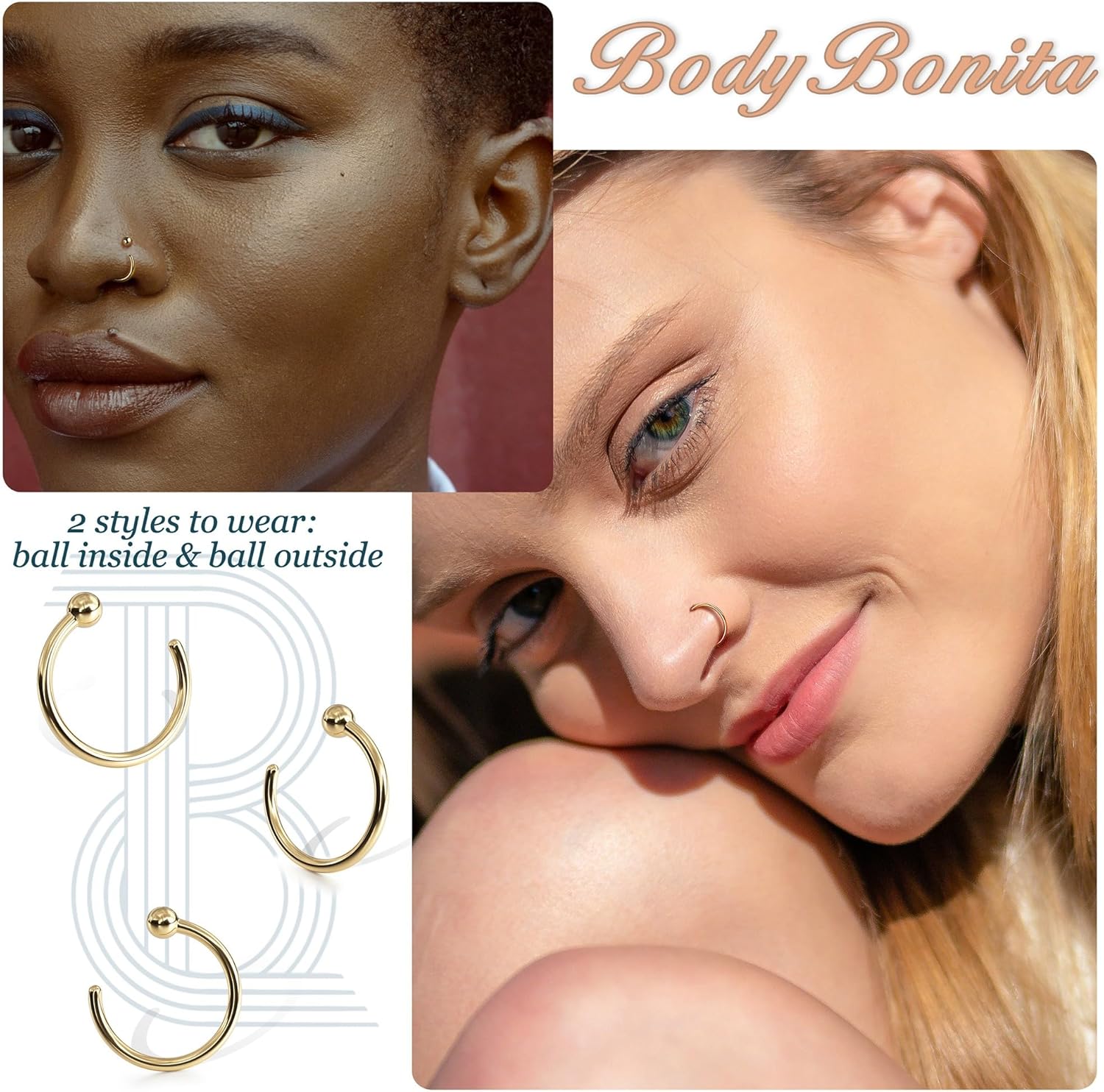 BodyBonita 14K Solid Gold Nose Rings Hoops - Bendable 18G 20G Nose Rings Hypoallergenic Cartilage Earrings for Women Conch Piercing Jewelry Helix Rook Tragus Lobe Daith Snug Belly Button Ring 8 mm - Image 4