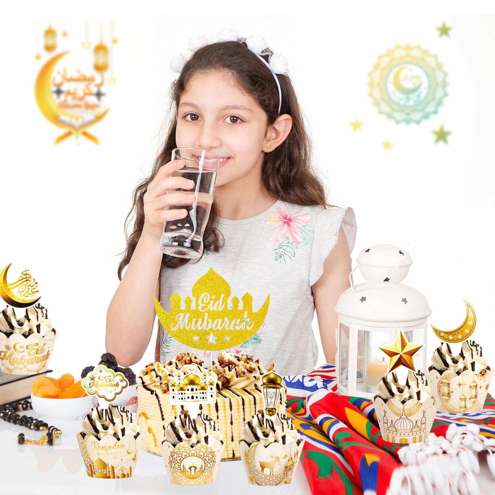 SWYOUN 48PCS Glitter Eid Al Adha Cupcake Toppers - White Islamic Muslim Party Decorations