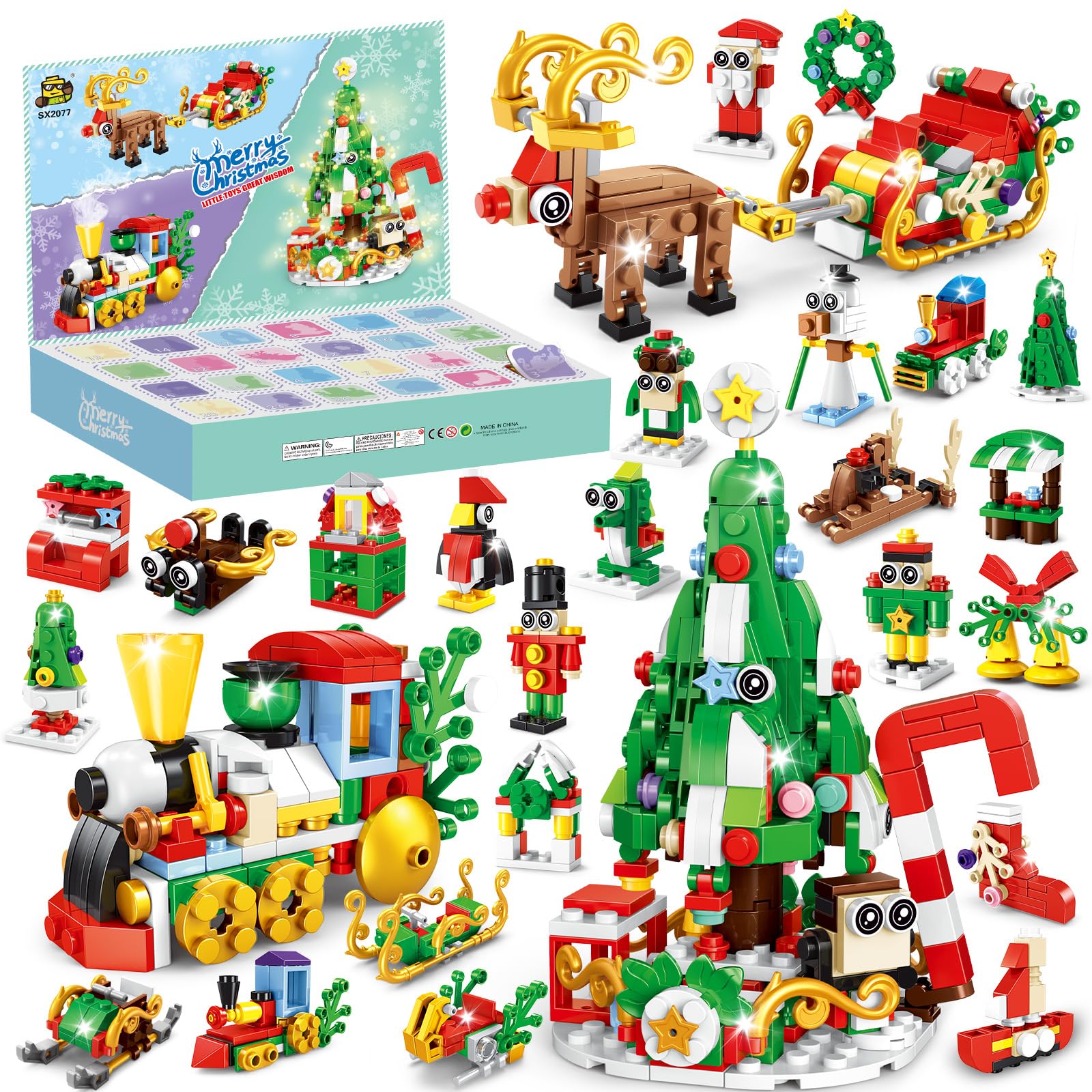 Christmas Building Blocks Set for Kids, Christmas Tree Building Blocks, 24 Days Christmas Countdown Calendar 12 In 1 Xmas Tree Train Elk Building Toys, Xmas Stocking Gifts for Boys and Girls