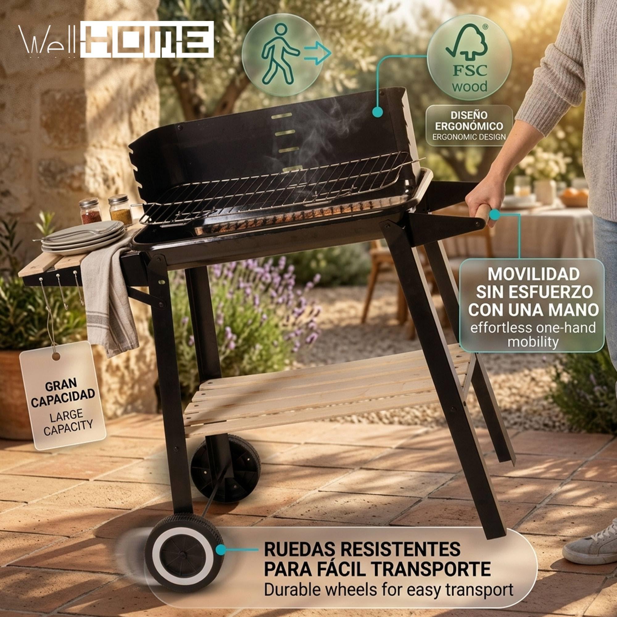 Well Home Barbacoa de Carbón Rectangular con Estantes de Madera FSC con Parrilla Cromada 45x24 cm - Barbacoa de Jardín con Cortavientos y Ruedas