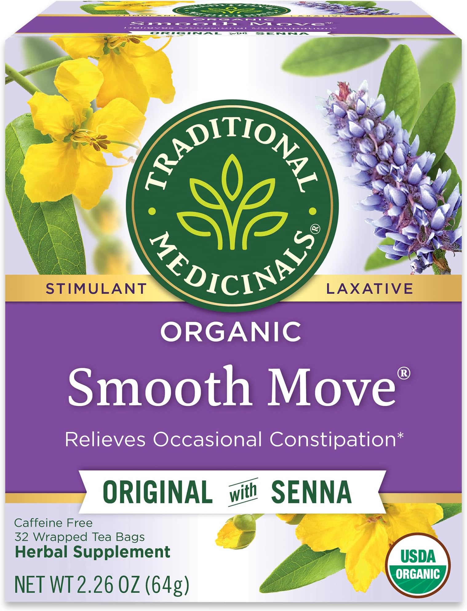 Traditional Medicinals Organic, Smooth Move Tea, Original with Senna - Helps Relieve Constipation Overnight - Kosher, Non-GMO, Caffeine-Free - 32 Tea Bags