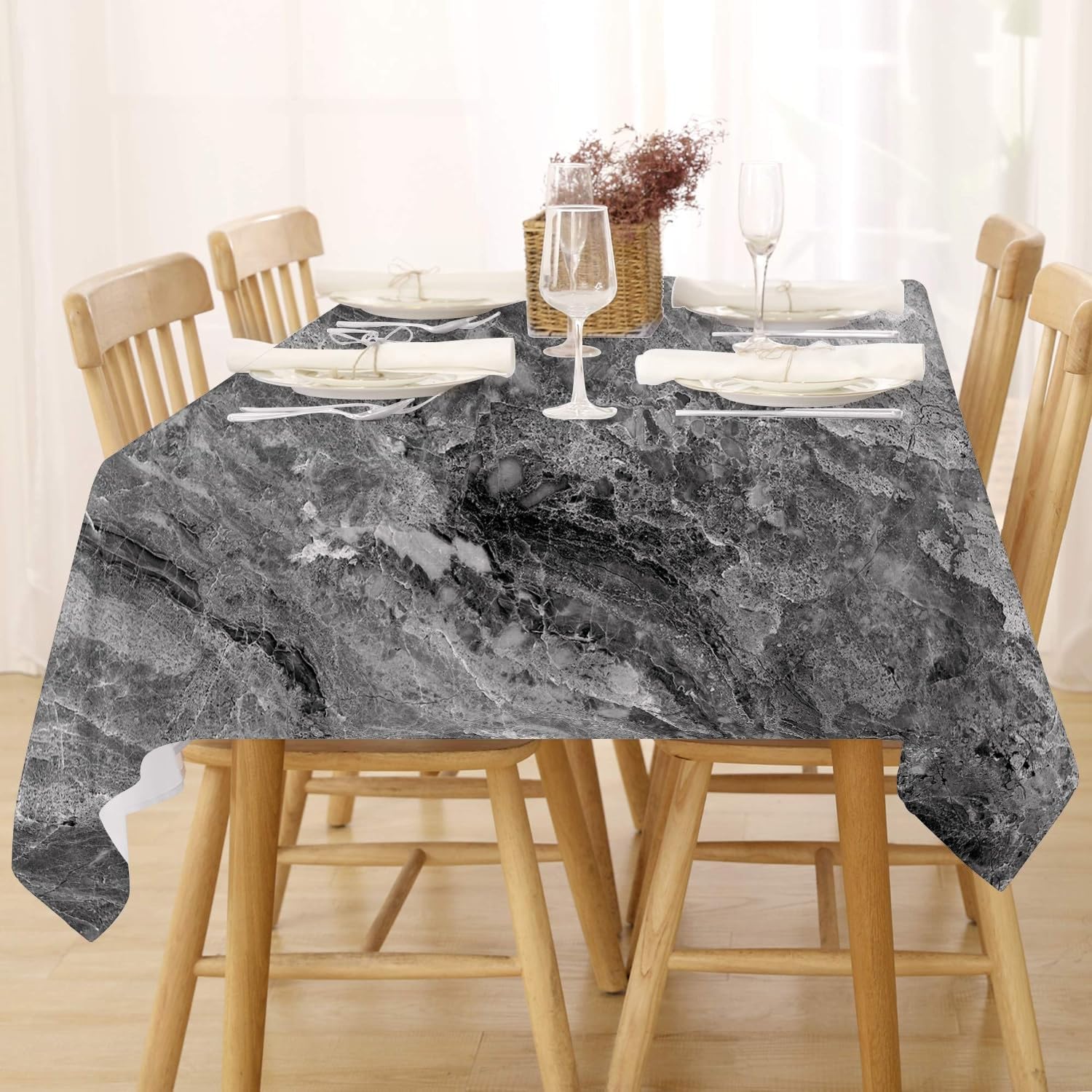 Fffasfy Dark Grey Black Table Cloth Wipe Clean Rectangle 140X180 Cm, Washable Wipeable Marble Tablecloth, Waterproof Dining Table Cover For 4-6 Seater Kitchen Outdoor Indoor Party Tabletop Decoration