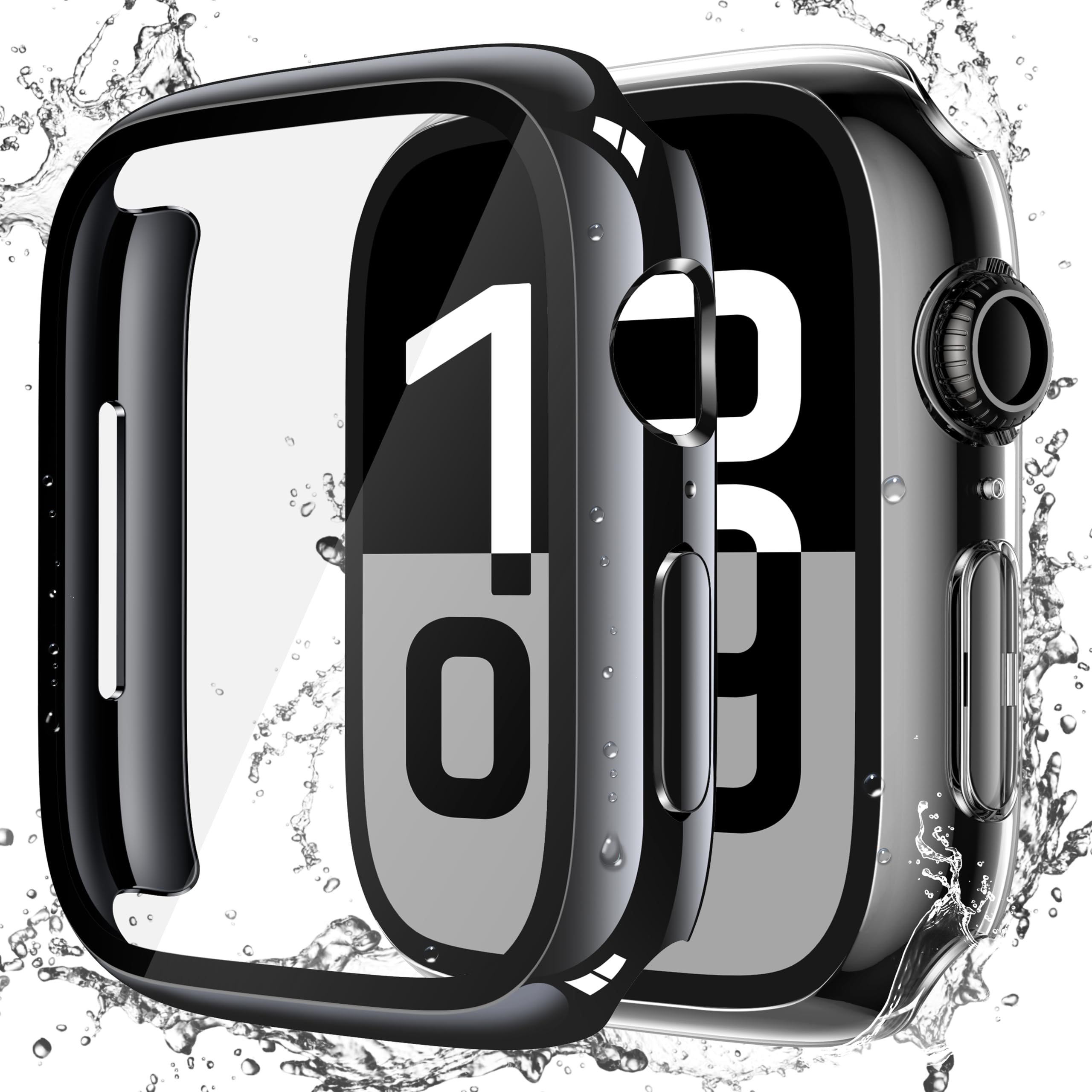 Misxi[2 Pack Waterproof Hard Case with Tempered Glass Compatible with Apple Watch Series 10 (2024) 46mm, Ultra-Thin Overall Protective Cover for iWatch Screen Protector, 1 Jet Black + 1 Transparent
