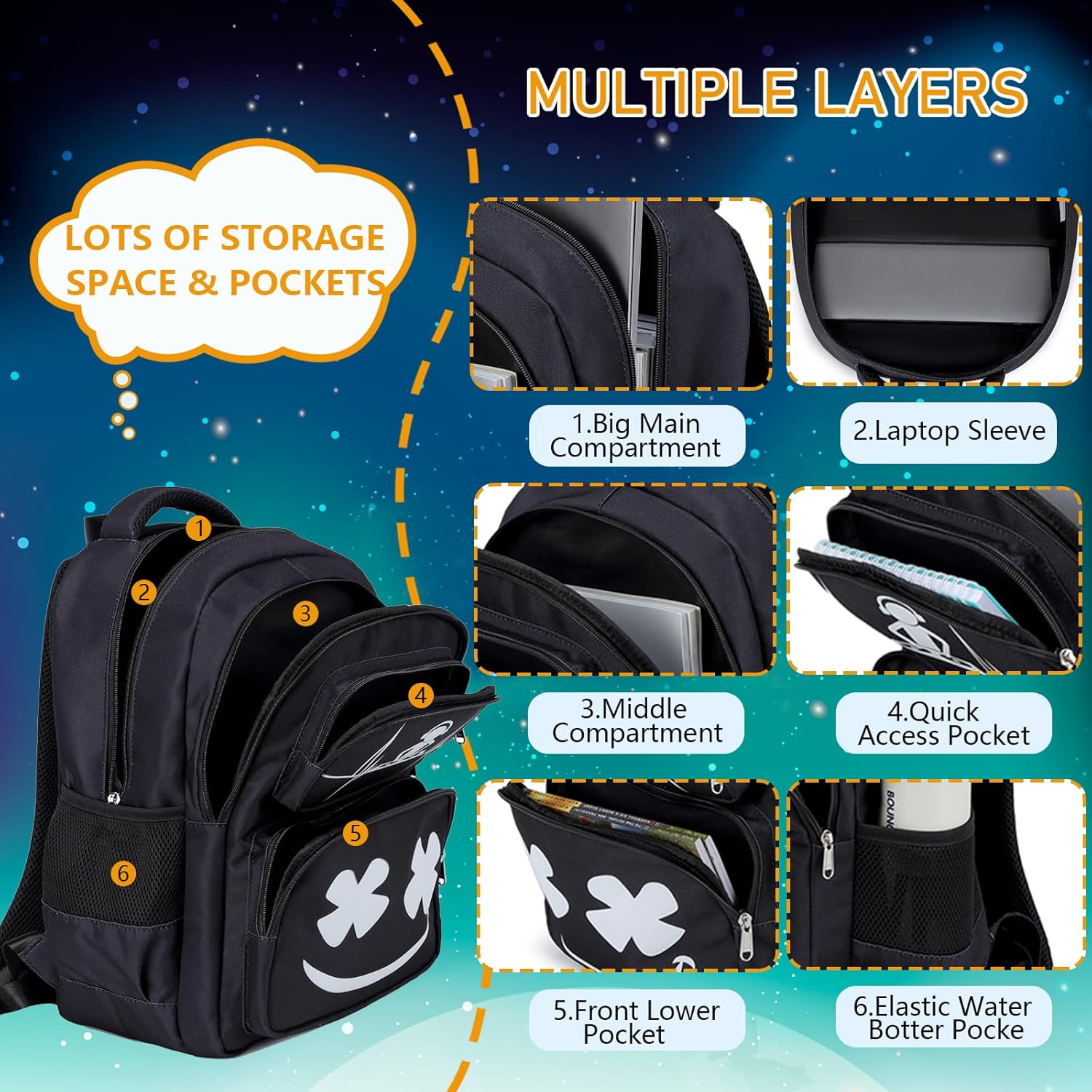Boys Backpack with Lunch Box Glow in Dark Kids Ages 4-12 Kindergarten Elementary Middle School Teens Bookbag Mochilas Para Niños, Luminous Face Black - Image 4