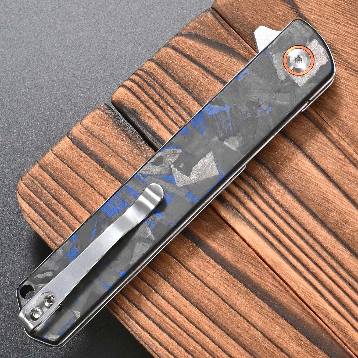 FF8 Folding Knife, 14C28N Steel Blade Carbon Fiber Handle with Pocket Clip for Men Women Outdoor Camping Fishing Working Survival (Blue)