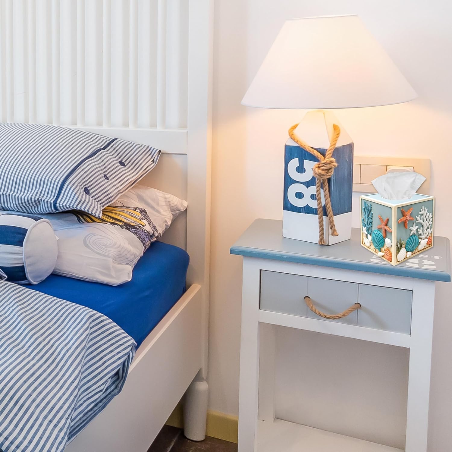 Seaside Splendor Tissue Box Cover-3D Resin Ocean Elements with Seashells & Starfish - Coastal Beach Decor for Bathroom, Bedroom, Vanity Top, or Living Room - Premium Decorative Resin Tissue Box Holder