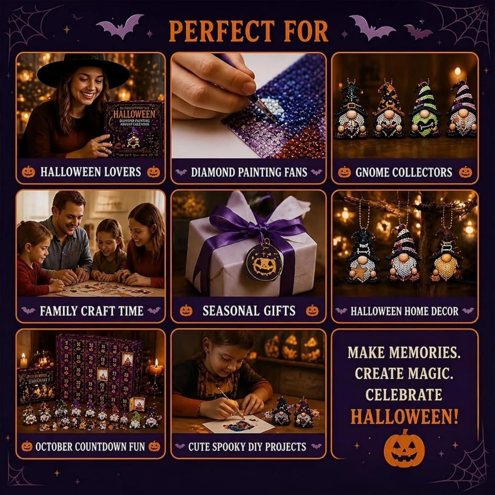 Calendario dell'Avvento con pittura con diamanti di Gnome Halloween | Kit Fai-da-Te con 31 Ornamenti a Forma di Gnomo, Set Completo di Diamond Painting con Strumenti e Perline, Regalo Creativo