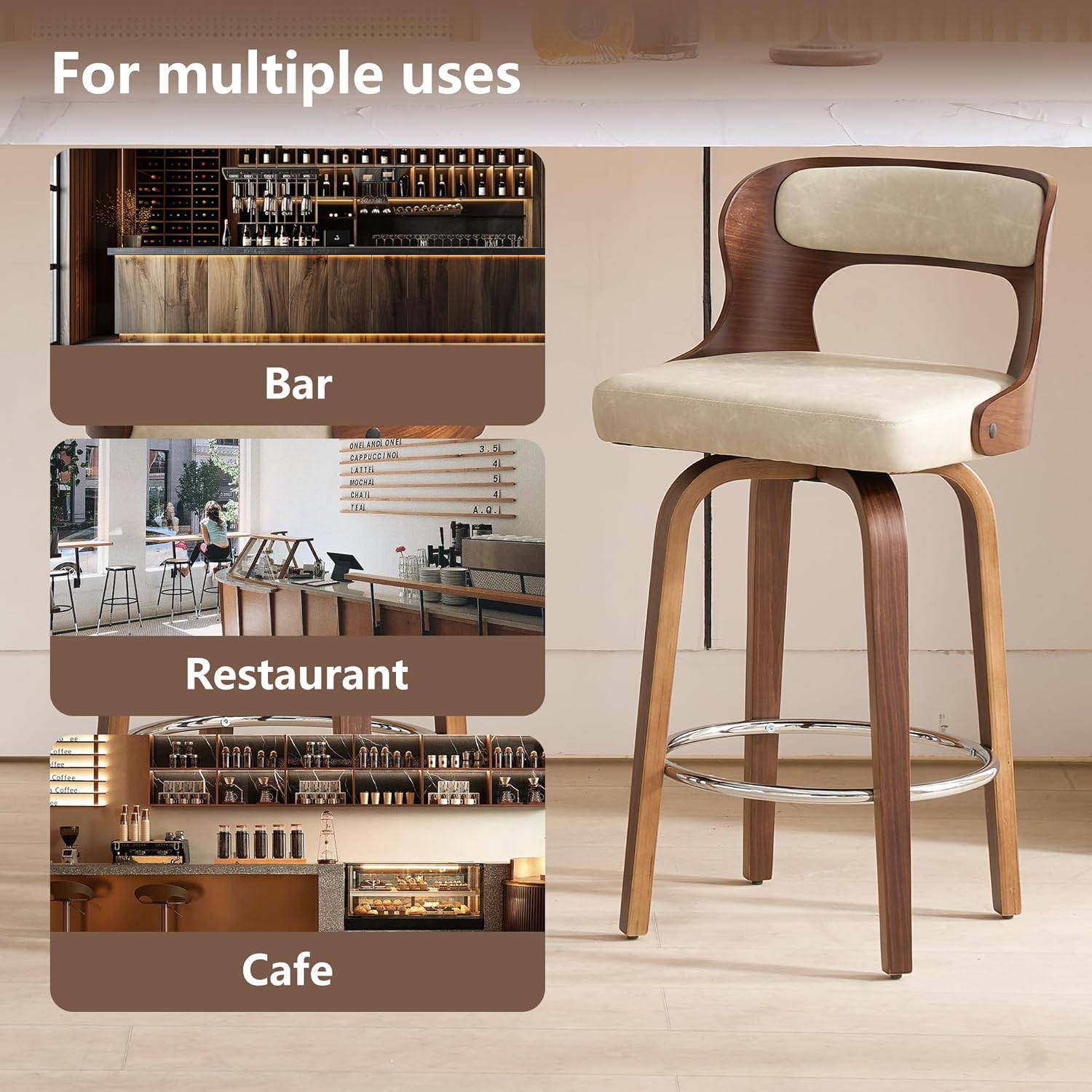 Swivel Bar Stools Set of 4, 26" Counter Height Bar Stools, Mid-Century Modern PU Leather Modern Island Chairs with Back and Footrest, for Kitchen, Bar, Restaurant, Cafe (Beige Gray)
