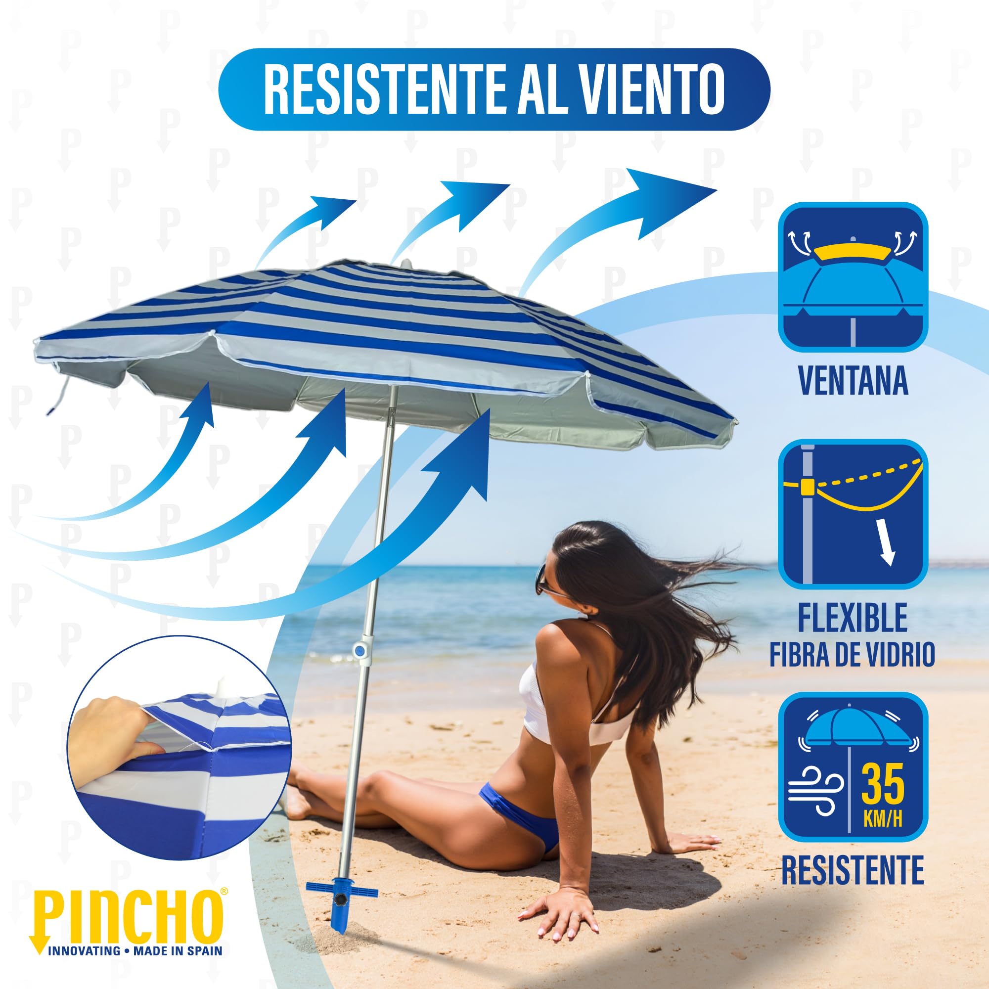 Pincho Sombrilla Playa Grande 200 cm, Antiviento con Protección UV50+, Tubo de Aluminio y 8 Varillas de Fibra de Vidrio, Reclinable con Ventana Superior, Incluye Punta de Aluminio.